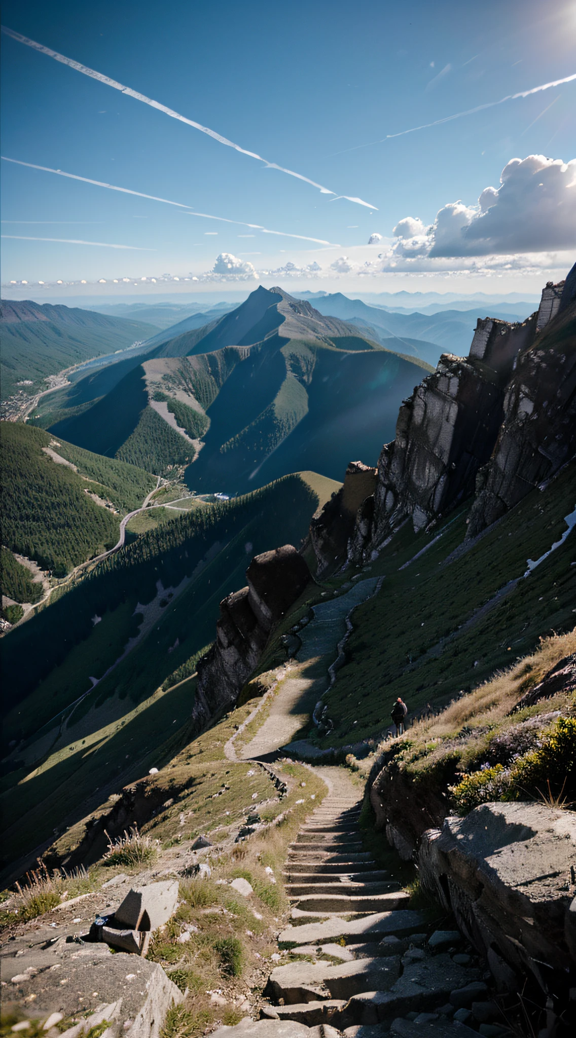 A bird's-eye view reveals a lone hiker's relentless climb up a steep mountain path, mirroring our ability to persevere and surmount life's challenges, much like the towering mountains that surround them.