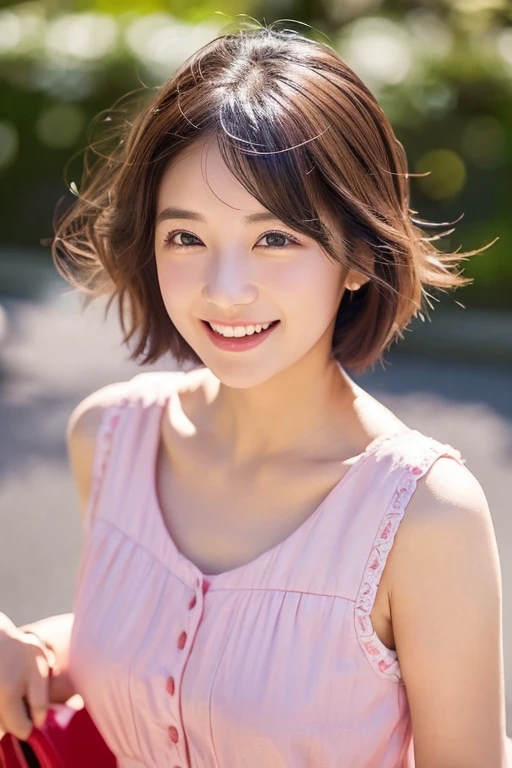 illustratio、(((hight resolution)))、ultra-detailliert、(((​masterpiece)))、Beautiful shadow expression、(((femele)))、She is my childhood friend、(((Hairstyle is short bob cut)))、I'm untying my hair、(((She is so beautiful)))、Smiling happily、The color of the hair on the head is brown、Eye color is brown、Her eyes are sparkling、The shape of the eyes is slightly raised、She is Japan、Romper、huge smile,　Dressed in pink and red、I'm wearing travel clothes、、I'm worried about people's eyes、Romper、My cheeks turn red when I imagine how much fun I'll have tonight、Romper、The time is noon、The sky is a beautiful blue sky、There are white clouds、The season is spring、There is a cherry tree、It's dazzling、