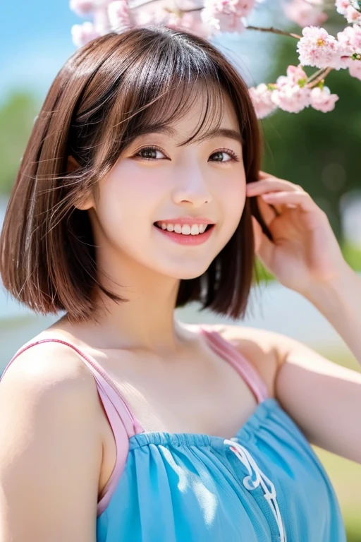 illustratio、(((hight resolution)))、ultra-detailliert、(((masterpiece)))、Beautiful shadow expression、(((femele)))、She is my childhood friend、(((Hairstyle is short bob cut)))、I'm untying my hair、(((She is so beautiful)))、Smiling happily、The color of the hair on the head is brown、Eye color is brown、Her eyes are sparkling、The shape of the eyes is slightly raised、She is Japan、Romper、huge smile, Dressed in pink and red、I'm wearing travel clothes、、I'm worried about people's eyes、Romper、My cheeks turn red when I imagine how much fun I'll have tonight、Romper、The time is noon、The sky is a beautiful blue sky、There are white clouds、The season is spring、There is a cherry tree、It's dazzling、