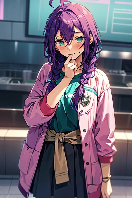 long hair, mole under mouth, purple hair, single braid, hair between eyes, aqua eyes, ahoge, 1girl, blush, gyaru, jacket around waist, skirt