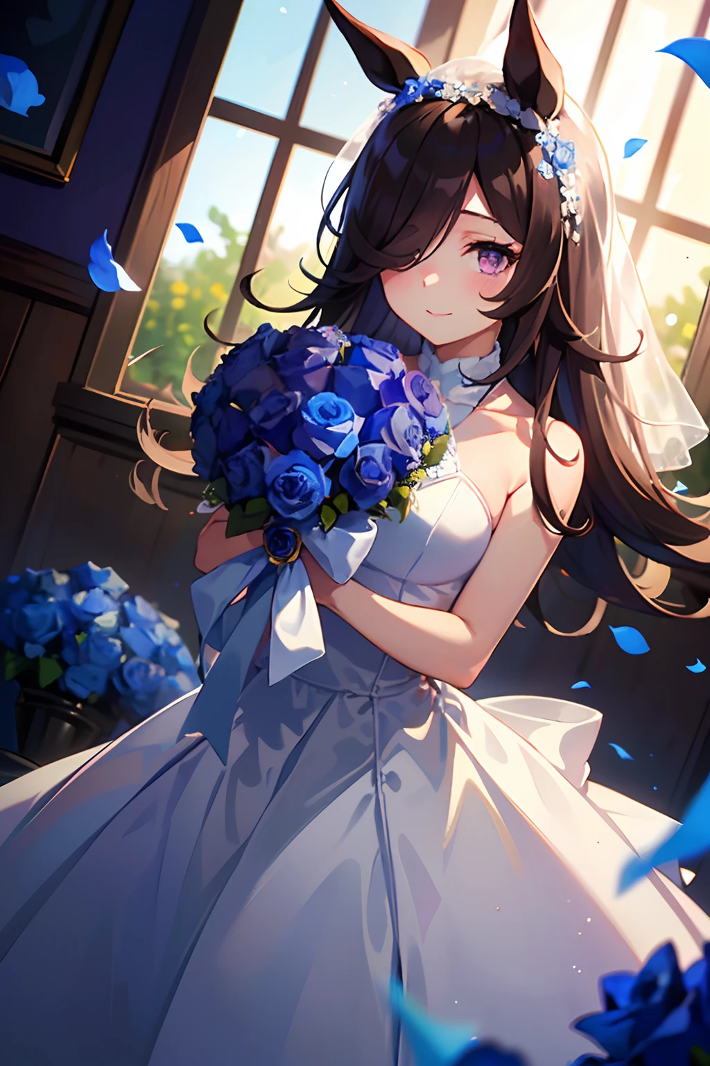 (masutepiece.top-quality).(Dynamic Angle).1 girl in.Girl in white wedding dress、A dark-haired.long.Horse-eared girl.Beautiful purple eyes.One eye is hidden in the hair.smil.(Holding a bouquet of blue roses:1.3).(Blue petals flutter:0.8)、((Girl in white prom dress))