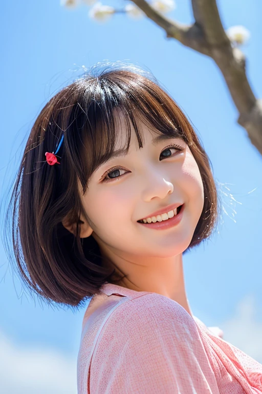 (((hight resolution)))、ultra-detailliert、(((masterpiece)))、Beautiful shadow expression、(((1femele)))、She is my childhood friend、(((Hairstyle is short bob cut)))、I'm untying my hair、(((She is so beautiful)))、Smiling happily、The color of the hair on the head is brown、Eye color is brown、Her eyes are sparkling、The shape of the eyes is slightly raised、She is Japan、Romper、huge smile, Dressed in pink and red、I'm wearing travel clothes、、I'm worried about people's eyes、Romper、My cheeks turn red when I imagine how much fun I'll have tonight、Romper、The time is noon、The sky is a beautiful blue sky、There are white clouds、The season is spring、There is a cherry tree、It's dazzling、