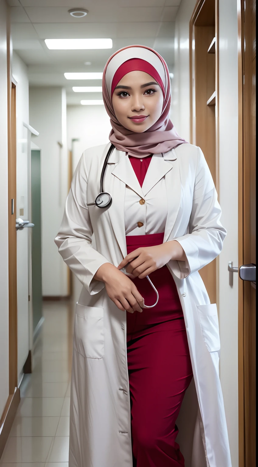 RAW, Best quality, high resolution, masterpiece: 1.3), beautiful Malay woman in hijab (iu:0.8),8K, a Matur women malay doctor in hijap with a good figure, big breasts, medium height, with a long brown hijap, smile, slightly red face, delicate facial features, pure white doctor's gown (White coat, white trousers), Not exposed, Hang the stethoscope, In the hospital corridor, The background is real, Look at the audience, Report in hand, Dress generously, White skin in red, Full length, long distance, SLR shootingsmiling at viewer, closeup