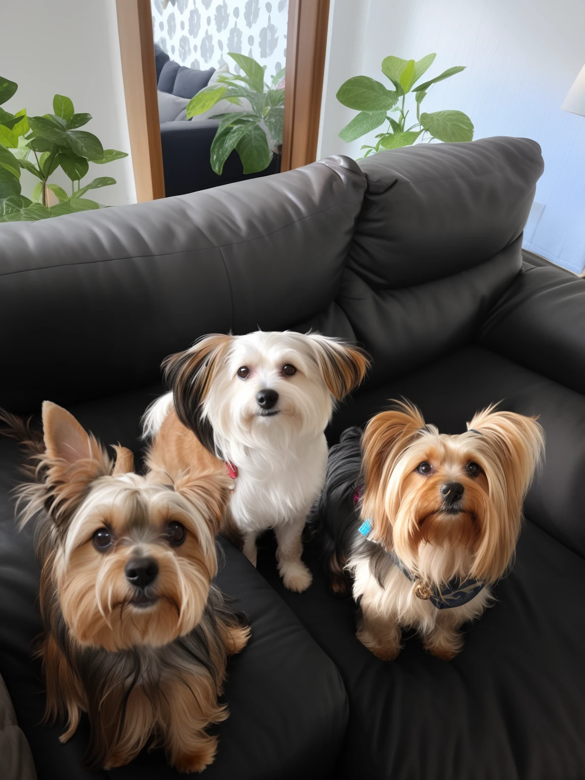Three small dogs sitting on a black sofa in a living room, Yorkshire Terrier, posing for the camera, atrevido!!!, com rostos molhados!!, all looking at camera, atordoante!, olhando para a direita, Gorgeous features, posing for camera, looking-into-camera, with dogs, Looking towards the camera, sitting on the couch, dogs, 3 heads, sitting on couch