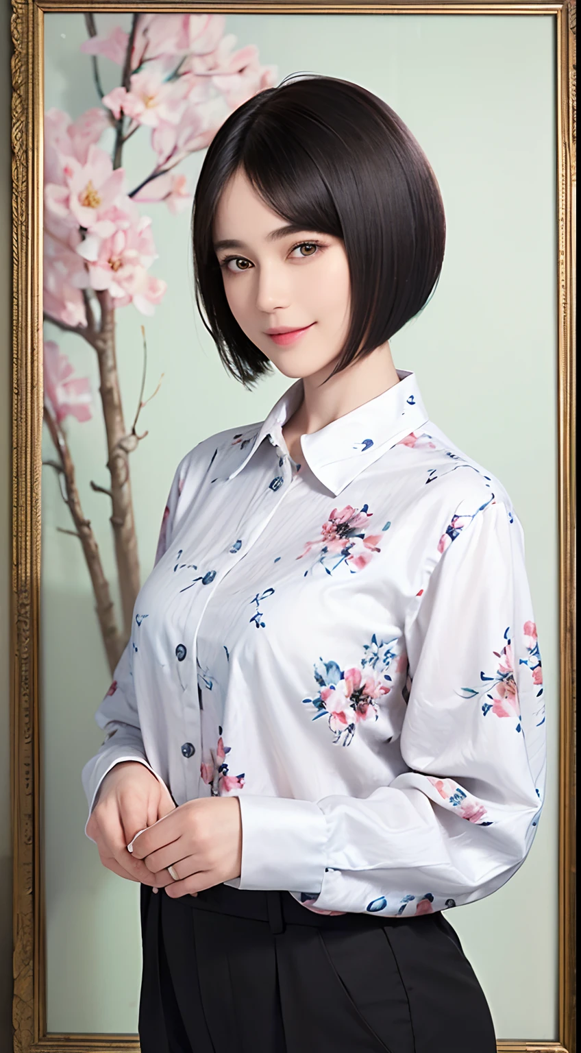 92
(a 20 yo woman,is standing), (A hyper-realistic), (masutepiece), ((short-hair:1.46)), (Smooth black hair), (Breast:1.0), wear long pants, (Wearing a long-sleeved shirt with a floral print), (painterly、picture frame), (kindly smile), (Keep your mouth shut)