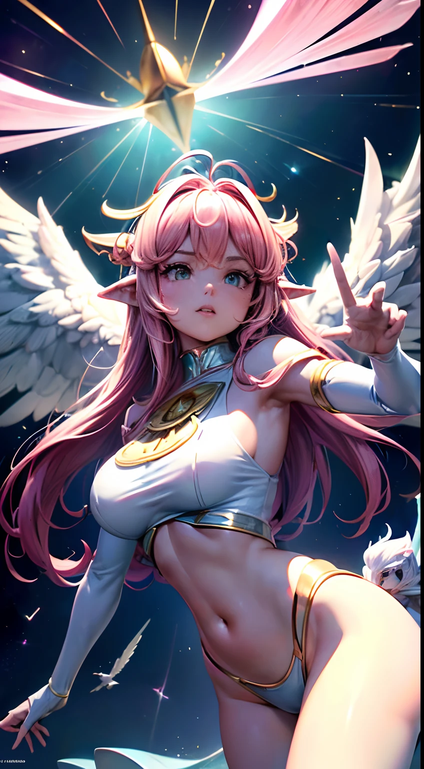 Rose Quartz , Elfgirl (Dynamic Angle:1.4), ((Pose de cuerpo entero:1.5), (De color:1.2), (fondo de pantalla extremadamente detallado de la unidad CG 16k:1.1), (Fuerza que elimina ruido: 1.45), (tObra maestra:1.37), ((Arte Oficial)), (De color:1.2), Todo el cuerpo es de color amarillo dorado, suspendido en el aire, sim, Big Wings, Dios Rayos, destellar, Luz brillante, ((Obra maestra)), ((La mejor calidad)), UHD, Galardonado