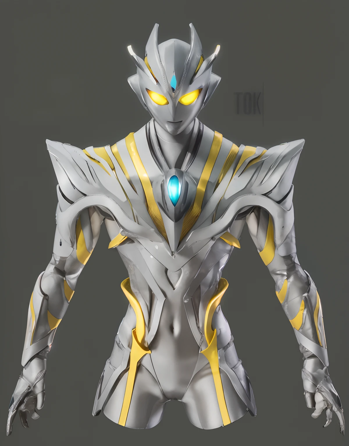 Masterpiece, Best quality, 1girll, Alien, Women's focus, Solo, 1girll, Tokusatsu,full bodyesbian, (Giant), railing, Glowing eyes, Glowing, From below , White eyes,boobgasm,C cup,Silver body,Gold stroke,城市,Building,tiltshift,