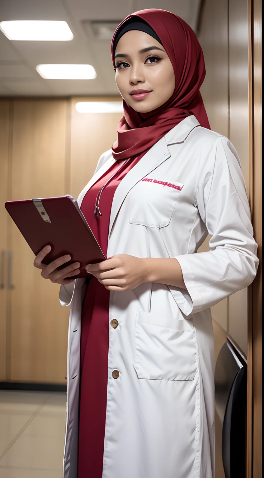 RAW, Best quality, high resolution, masterpiece: 1.3), beautiful Malay woman in hijab (iu:0.8),8K, a Matur women malay doctor in hijap with a good figure, big breasts, medium height, with a long brown hijap, smile, slightly red face, delicate facial features, pure white doctor's gown (White coat, white trousers), Not exposed, Hang the stethoscope, In the hospital corridor, The background is real, Look at the audience, Report in hand, Dress generously, White skin in red, Full length, long distance, SLR shootingsmiling at viewer, closeup