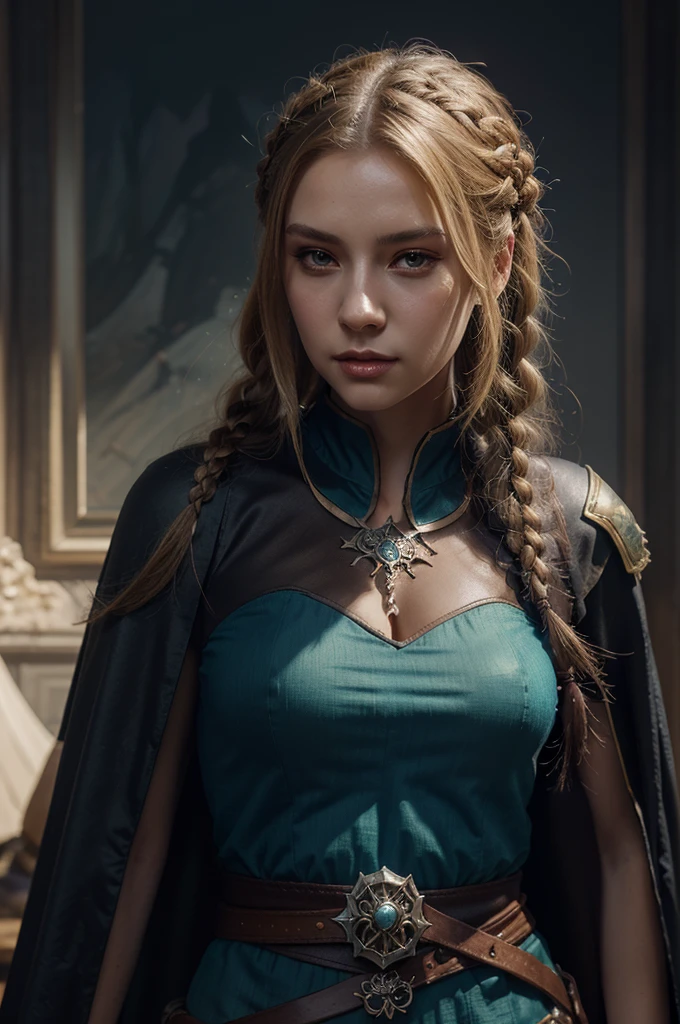 blond haired woman with long braids and a cape, a character portrait by Yang J, Artstation, fantasy art, stunning character art, epic fantasy art style, fantasy art style, fantasy style art, fantasy concept art portrait, beautiful character painting, artwork in the style of guweiz, epic fantasy style art, epic exquisite character art, high quality fantasy art