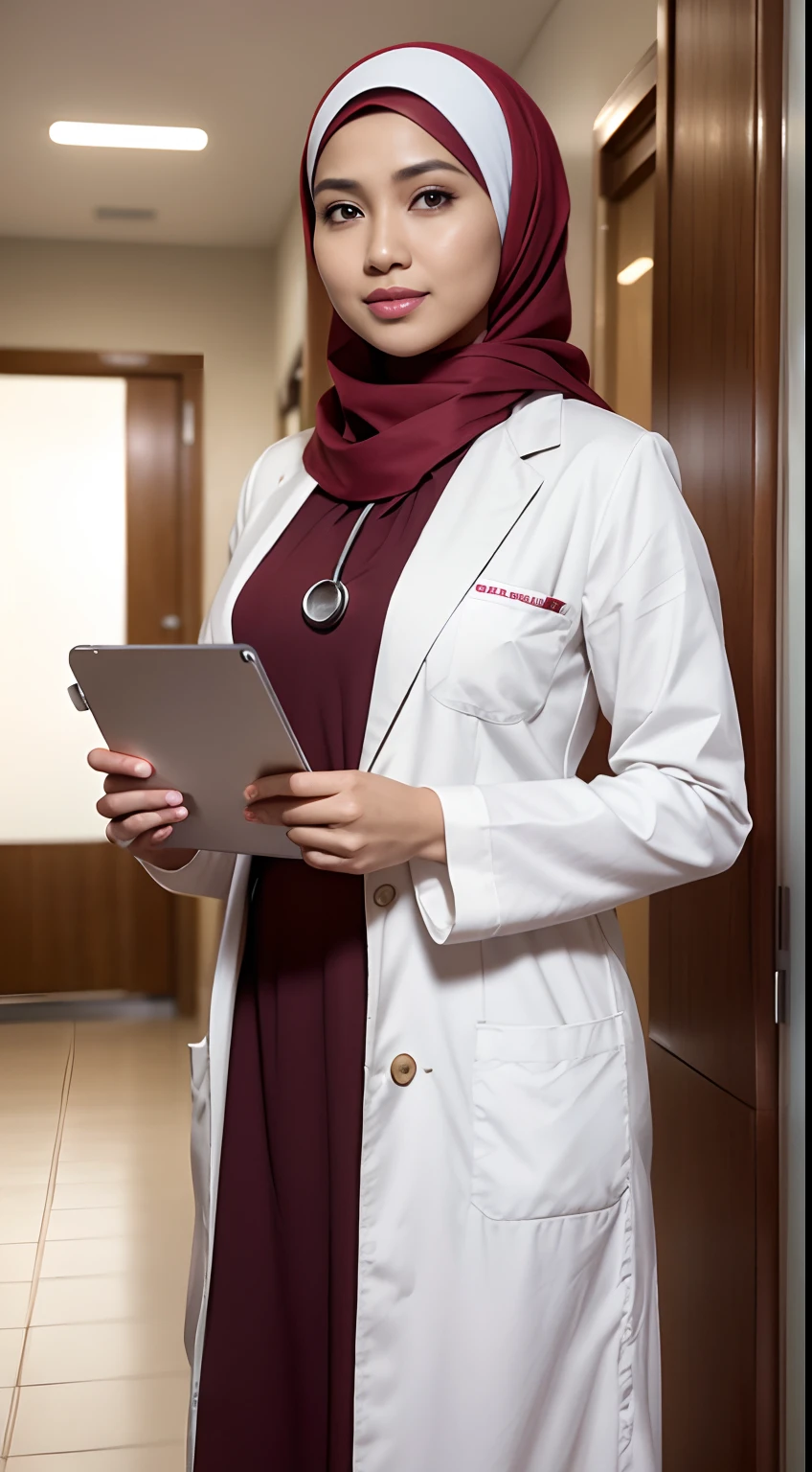 RAW, Best quality, high resolution, masterpiece: 1.3), beautiful Malay woman in hijab (iu:0.8),8K, a Matur women malay doctor in hijap with a good figure, big breasts, medium height, with a long brown hijap, smile, slightly red face, delicate facial features, pure white doctor's gown (White coat, white trousers), Not exposed, Hang the stethoscope, In the hospital corridor, The background is real, Look at the audience, Report in hand, Dress generously, White skin in red, Full length, long distance, SLR shootingsmiling at viewer, closeup