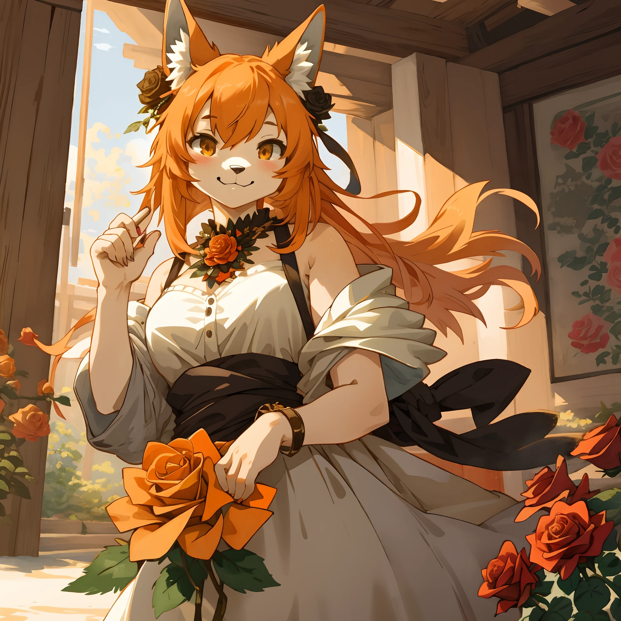 watercolor, highres, top quality, best quality, paid reward available, High-quality illustrations, unparalleled masterpiece, perfect artwork, absurdres, 1girl, kemono, furry, detailed body fur, animal face, animal hand, Archaic Smile, holding a cluster of orange Rose in both hands, which are positioned at chest level, She is wearing a simple ring on the ring finger of her left hand, unfocused spread of orange rose, fan-created work shared on platforms Pixiv or Twitter,