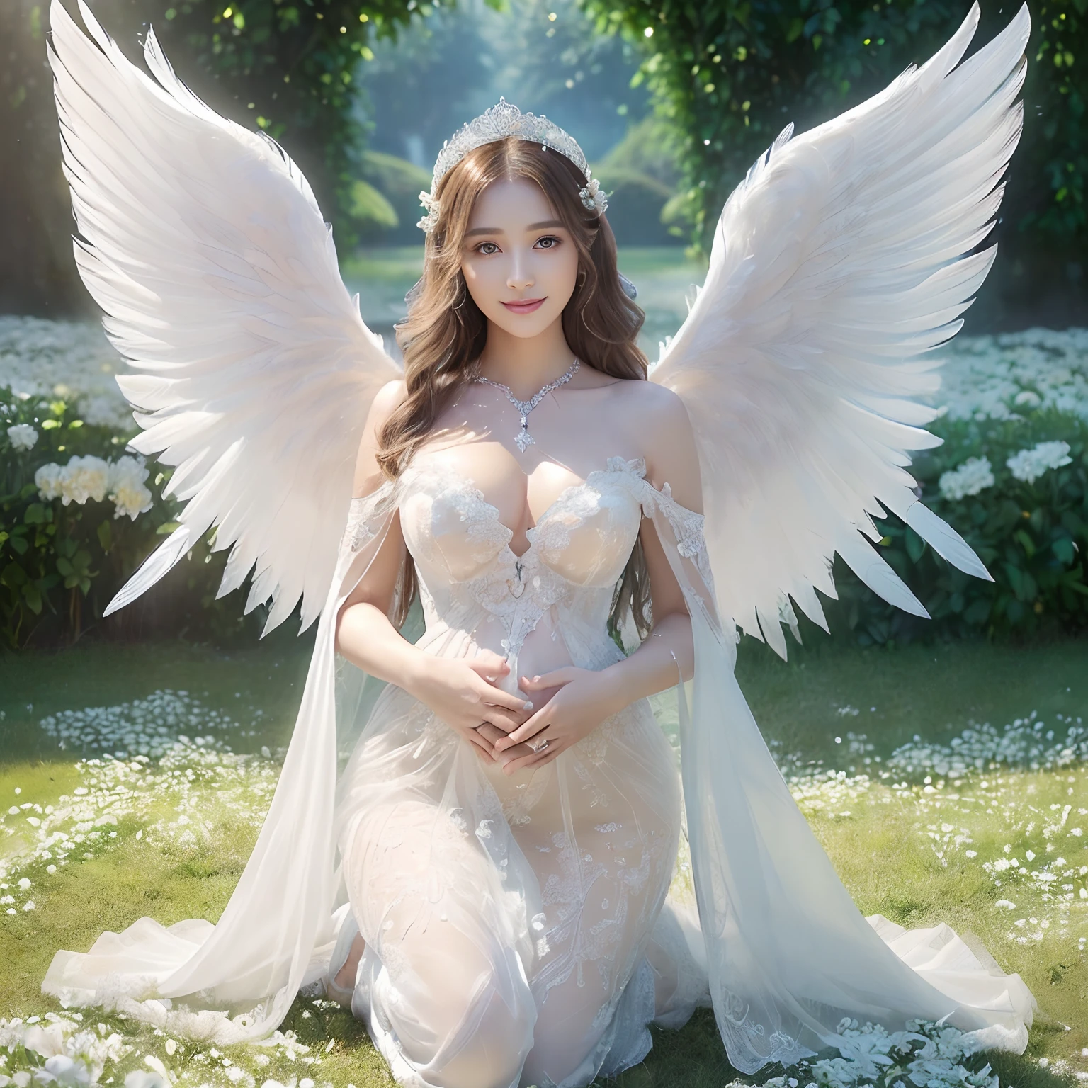 (((masutepiece、top-quality、Highly complex and detailed depictions)))、((Very beautiful angel queen、Maternal smile,mothers,Smile、Beautiful smile,Above the knee、White flowers bloom profusely,、Walk through a vast flower field、Walk through a field of white flowers、It is full of white flowers、Blooms with white flowers、White flower fields as far as the eye can see、All white flowers on one side、A flower garden with white flowers、White flower garden、White Glowing Flowers、Flowers that shine like a fairy tale、Everything is filled with flowers、a large amount of flowers、All the scenery is a flower garden、A field of white flowers covering everything on the ground、Pregnant、slightly bulging belly、A dress that tightens the waist、full body Esbian、Final Form as Perfect Angel, ,Huge and realistic angel wings,The most dignified feathers,The most detailed and intricate angel wings、King of Angels,The most dignified angel,Shimmering white feathers、Plumage gives off a transparent shine、Graceful and classy pose、Filled with Divine Light、Angels bathed in the sacred soft light、spectacular movie lighting、The most classy white dresses、Very noble、refinement、top grade、The brilliance of a fairy tale、Wings that shine in a fairy tale、The most massive pure white princess dress, The finest necklaces,artistic décor,Intricate and solemn dress of an angelic masterpiece,White decorative dress,Huge Princess Dresses,The most majestic figure of the angel,The most intricately depicted angelic figures,Feathers that shine like a fairy tale、The plumage gives off a snow-white shine、The plumage gives off a translucent fairytale glow、Unimaginable beauty,The most intricate and beautiful dresses,Accurate reproduction of the perfect angelic detail,The figure of an unimaginably beautiful angel)),((Most beautiful face,Half Japan and half Spanish,Maternal tenderness、Maternal smile,Beautiful wavy hair,The most luxurious and intricate dresses,stares at the camera、Giant wings of angels,masutepiece,8K,very intricate,ultra-detailliert))