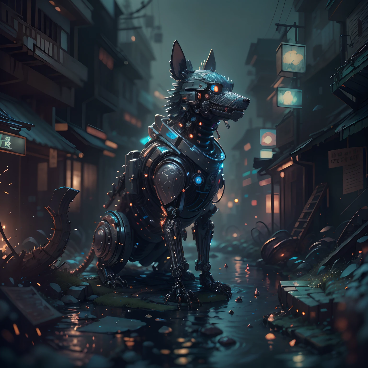tmasterpiece，bset quality，realisticlying，offcial art，Extremely detailed，tmasterpiece，Best quality at best，（非常详细的 CG 统一 8k 壁纸），（Best quality at best），（The best illustrations），（The best shadow），Very detailed pictures，（PureErosFace_V1：0.7），（8K，best qualtiy），A small stream flows through an abandoned city，Mechanical dog in the stream，cyber punk perssonage，sci-fy，Gothic，hyper realisitc，Mechanical fantasy，（luminouslighting， Atmospheric lighting）， chilly， gloomily， magical，