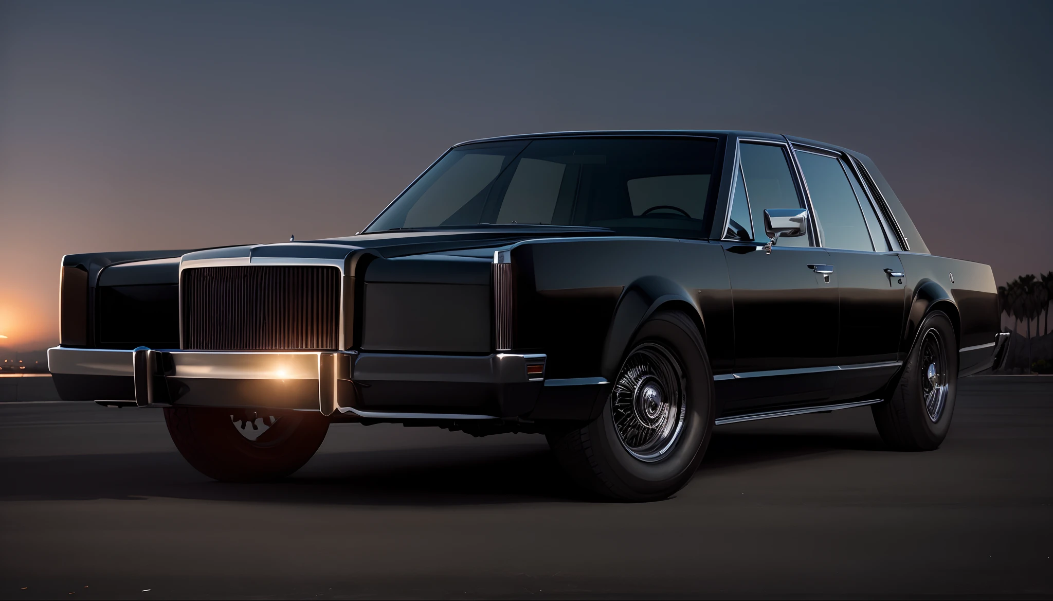 Imponente Preto Lincoln Continental Show Car, enormes rodas BBS, Ridiculously low posture parked near palm trees and beautiful mansions in sunny California