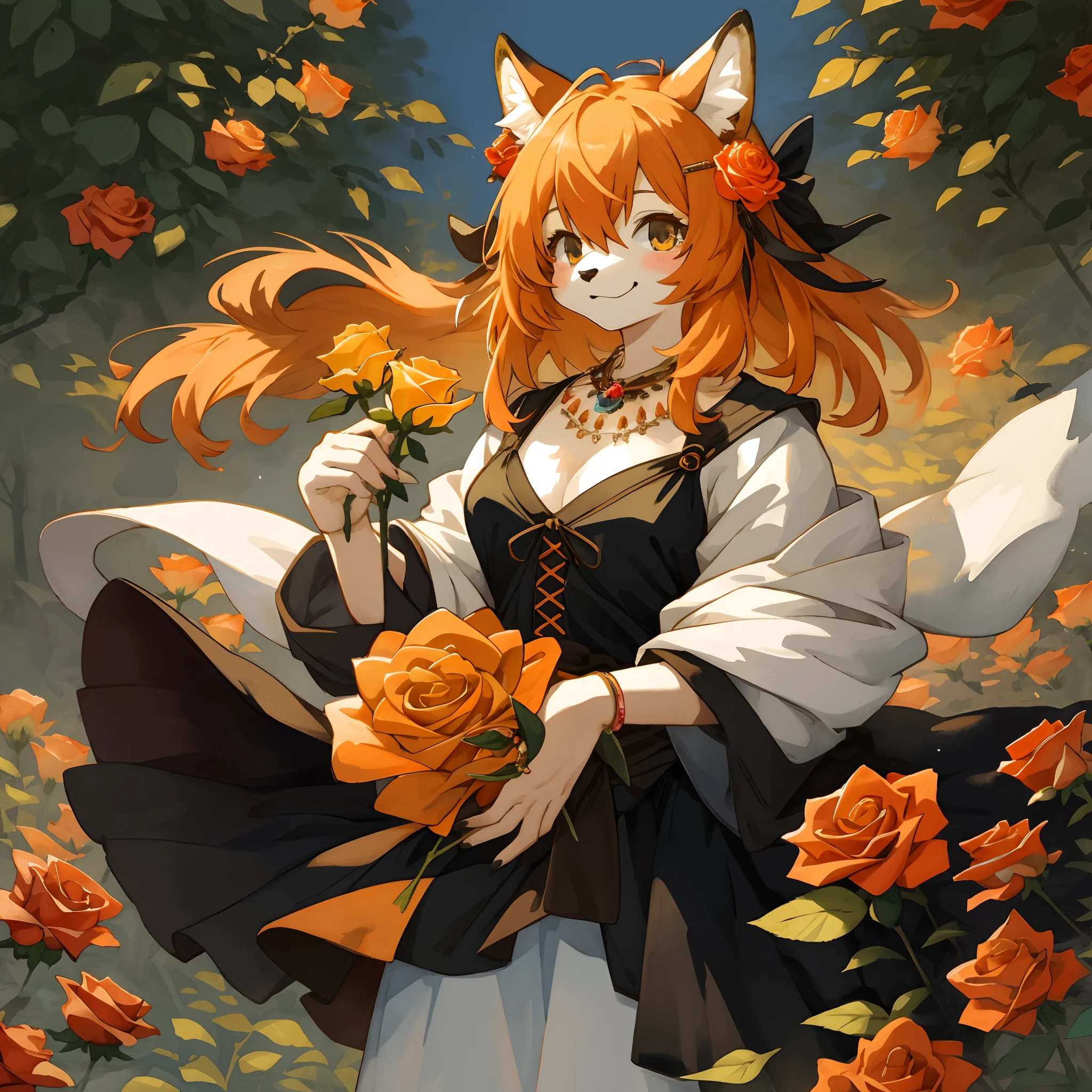 watercolor, highres, top quality, best quality, paid reward available, High-quality illustrations, unparalleled masterpiece, perfect artwork, absurdres, 1girl, kemono, furry, detailed body fur, animal face, animal hand, Archaic Smile, holding a cluster of orange Rose in both hands, which are positioned at chest level, She is wearing a simple ring on the ring finger of her left hand, unfocused spread of orange rose, fan-created work shared on platforms Pixiv or Twitter,