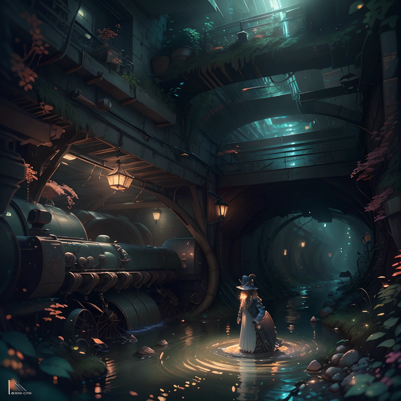 tmasterpiece，bset quality，realisticlying，offcial art，Extremely detailed，tmasterpiece，Best quality at best，（非常详细的 CG 统一 8k 壁纸），（Best quality at best），（The best illustrations），（The best shadow），Very detailed pictures，（PureErosFace_V1：0.7），（8K，best qualtiy），The creek flows through a shady underground tunnel，Mechanical dog in the stream，cyber punk perssonage，sci-fy，Gothic，hyper realisitc，Mechanical fantasy，（luminouslighting， Atmospheric lighting）， chilly， gloomily， magical，