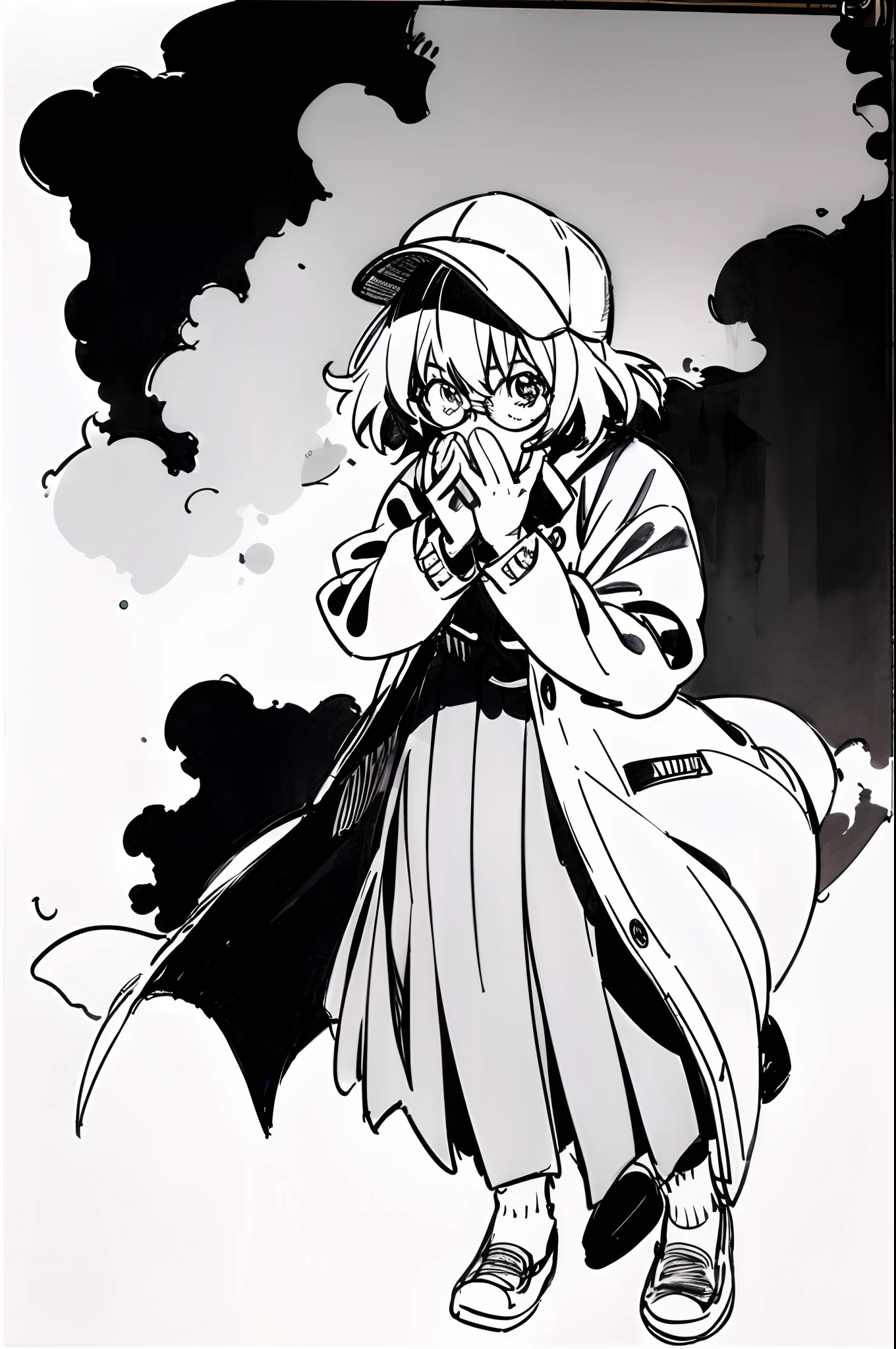 Mirai Kuriyama wearing a coat and a cap hiding her face with her hands, ((empty background)), winter, VHS, vintage, red glasses, manga style, white background, ((monochrome)), far away shot, (sketch), long sleeves, 1girl, looking up, casual clothes, full body