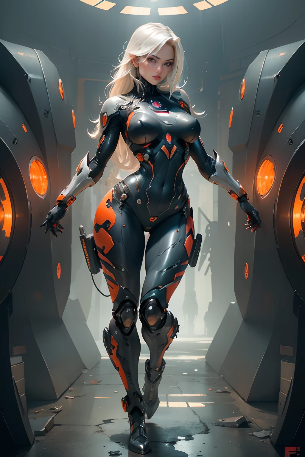 female ,emma frost ,front view,artgerm,full body,cyborg,front pose,heavy mechanical torso,sci fi,full body suit,combat ,gun smith,swat,swat outfit,full tactical ,camo print,powerful pose,sexy,Sultry, , anime-inspired, ample bosom, strikingly detailed,dynamic stance, gradient backdrop, intricate texturing, sensual curves, immaculate detailing, close-up shot, iconic character design, nuanced shading, empowered posing,artgerm,full body,sci-fi suit,futuristic,cyberpunk,red and orange