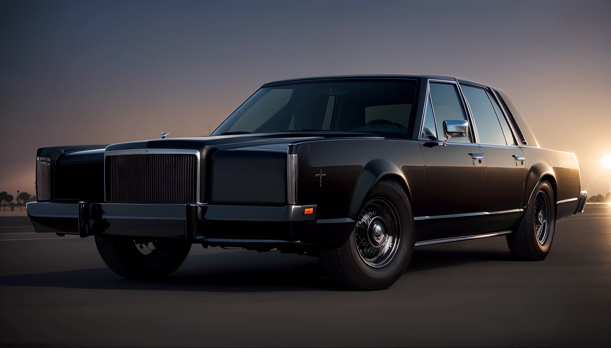 Imponente Preto Lincoln Continental Show Car, enormes rodas BBS, Ridiculously low posture parked near palm trees and beautiful mansions in sunny California