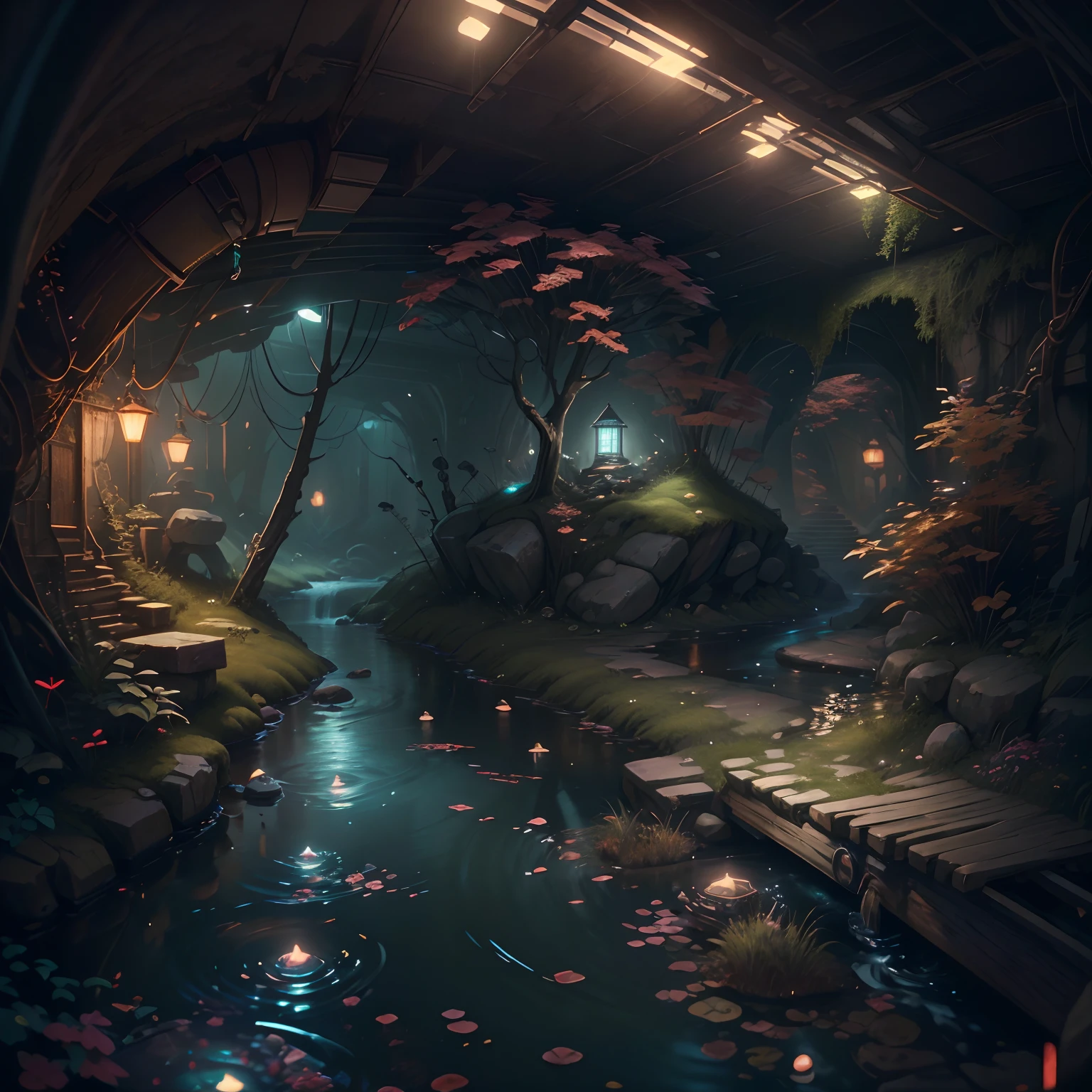 tmasterpiece，bset quality，realisticlying，offcial art，Extremely detailed，tmasterpiece，Best quality at best，（非常详细的 CG 统一 8k 壁纸），（Best quality at best），（The best illustrations），（The best shadow），Very detailed pictures，（PureErosFace_V1：0.7），（8K，best qualtiy），The creek flows through a shady underground tunnel，A mechanical dog in a stream，cyber punk perssonage，sci-fy，Gothic，hyper realisitc，（luminouslighting， Atmospheric lighting）， chilly， gloomily， magical，