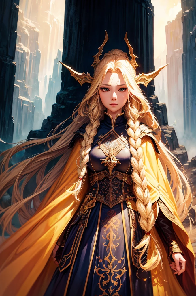 blond haired woman with long braids and a cape, a character portrait by Yang J, Artstation, fantasy art, stunning character art, epic fantasy art style, fantasy art style, fantasy style art, fantasy concept art portrait, beautiful character painting, artwork in the style of guweiz, epic fantasy style art, epic exquisite character art, high quality fantasy art