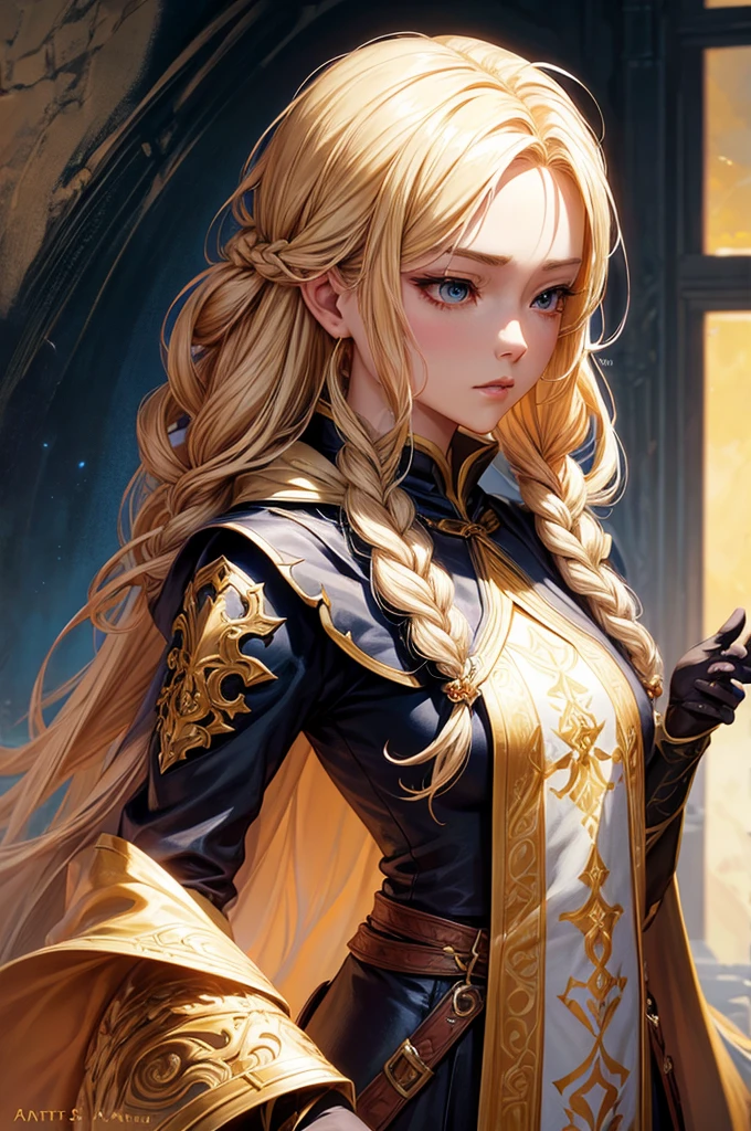 blond haired woman with long braids and a cape, a character portrait by Yang J, Artstation, fantasy art, stunning character art, epic fantasy art style, fantasy art style, fantasy style art, fantasy concept art portrait, beautiful character painting, artwork in the style of guweiz, epic fantasy style art, epic exquisite character art, high quality fantasy art