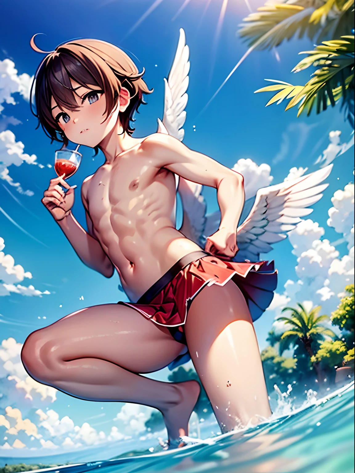 cupid , angle , white wings , boy with wings , young boy , topless , wearing skirt , sunbathing , flying , drinking tea , floating , sky island