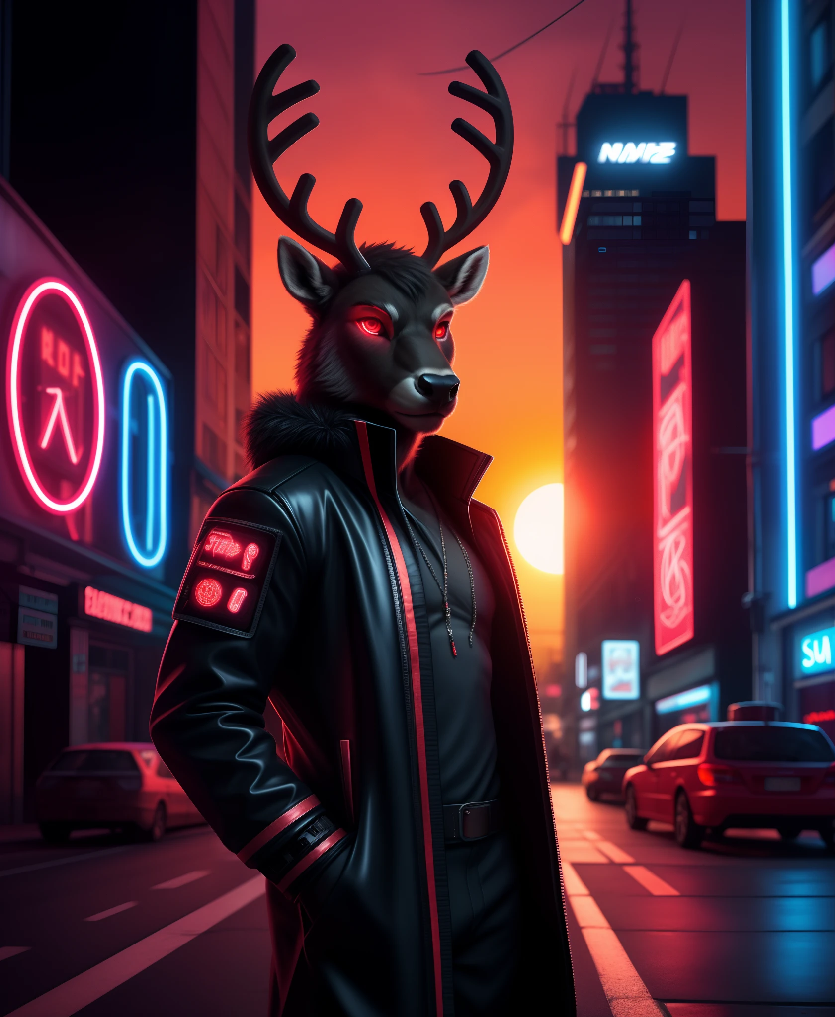 cyberpunk, portrait, male black reindeer, red neon eyes, wearing stylish [black|red] clothes standing in a city, (sunrize:1.4), road, intricate, phototealistic