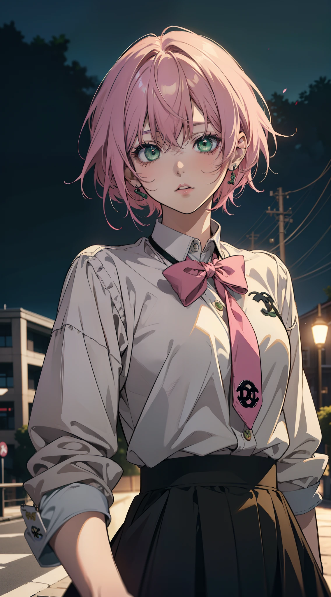 ((Anime style)), ((best quality)), ((masterpiece)), ((HDR+)), (best performance), (best lighting), (a college girl with pink Chanel hair with fringes, green eyes), wearing a school uniform, in a [college road dark empty background], [Wlop], [Takehino Inoue], [Oh! Great]