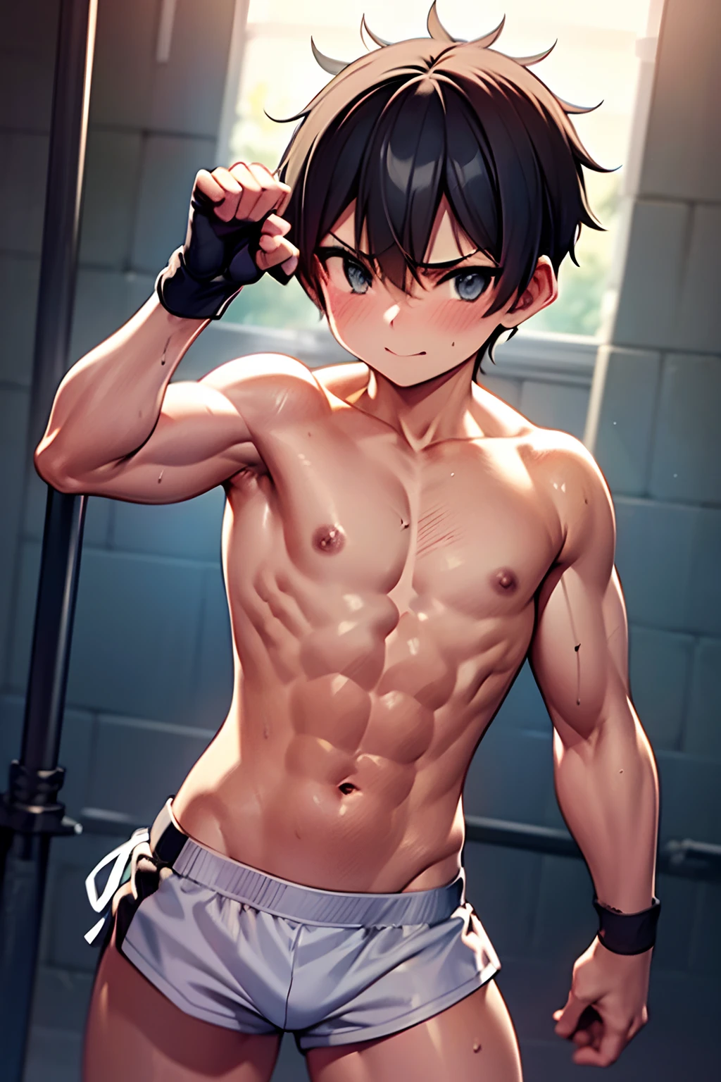 with abs, [ rigidly defined abs ]!!, [ adamantly defined abs ]!!， , boxing，Muscular!!，with no shirt on posing for a picture，fightingpose