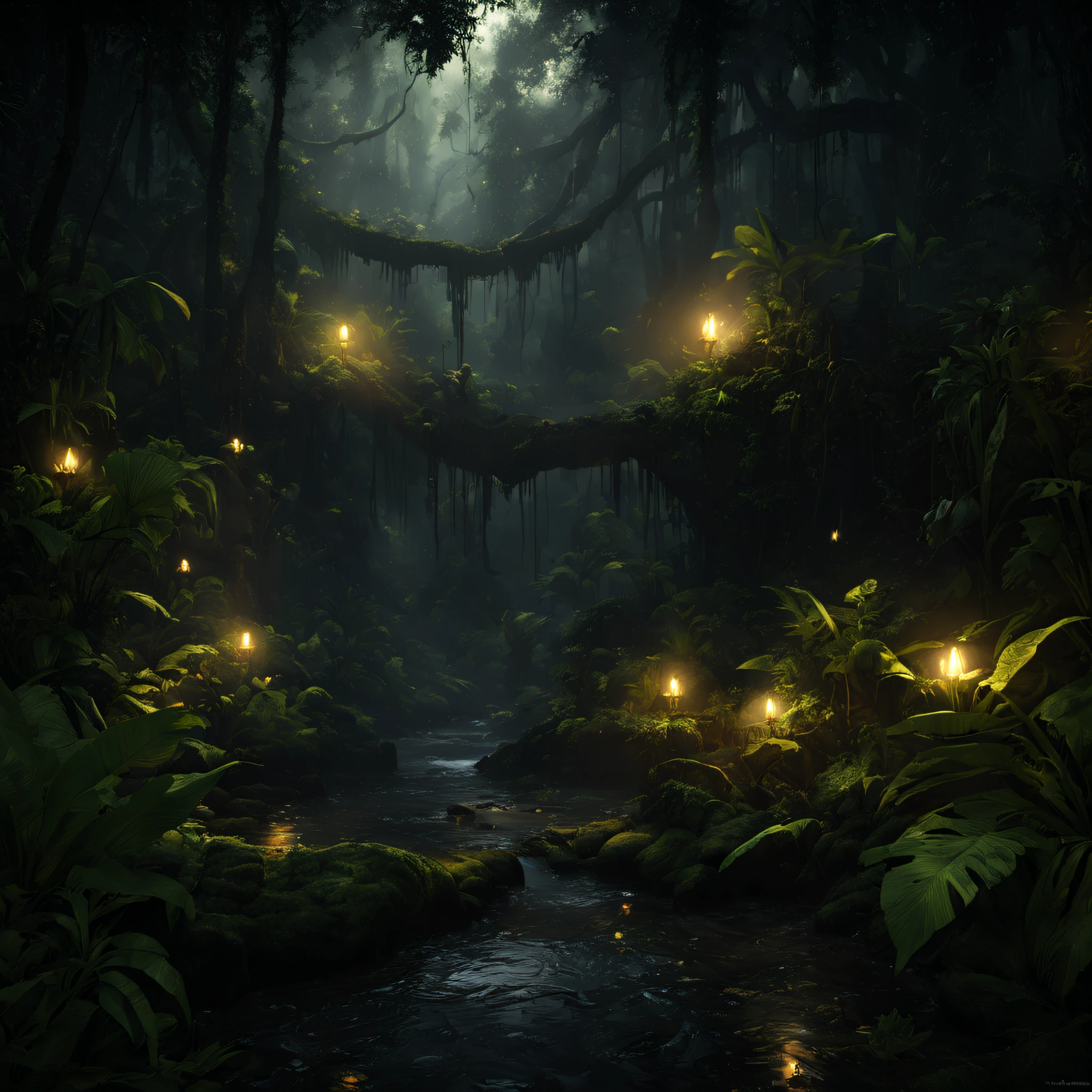 the rainforest，Small streams，(Masterpiece: 1.3), (8K, Photorealistic, RAW photo, Best quality: 1.4), Damp rainforest,forest,jungles，with intense rainfall，Mono Color，vines all around，giant and wet trees，(The jungle is dark and damp:1.8),There are swamps on the ground,There was an air of obstruction in the woods，Spooky poisonous bugs，Breathtaking forest scene，Tall trees stretch out to the sky，sunshines through the leaves，Cast a golden glow on the forest floor。Small streams run through mossy rocks，Creates a peaceful atmosphere。The delicate branches are dotted with vibrant flowers and leaves，Add a touch of color to the scene。Fireflies dancing in the air，A soft glow illuminates the surroundings。The air is filled with soft melodies，Butterflies flutter among the flowers。In the complex、This fascinating moment is captured in high-quality illustrations，And pay attention to the finest details and realistic shadows,((Lush verdant jungle / oases / desert island / Temple ruins)), Sensual, Evocative pose, Intricate, Highly detailed, By Anders Zorn, Sophie Anderson, Leah Kuvkhinov