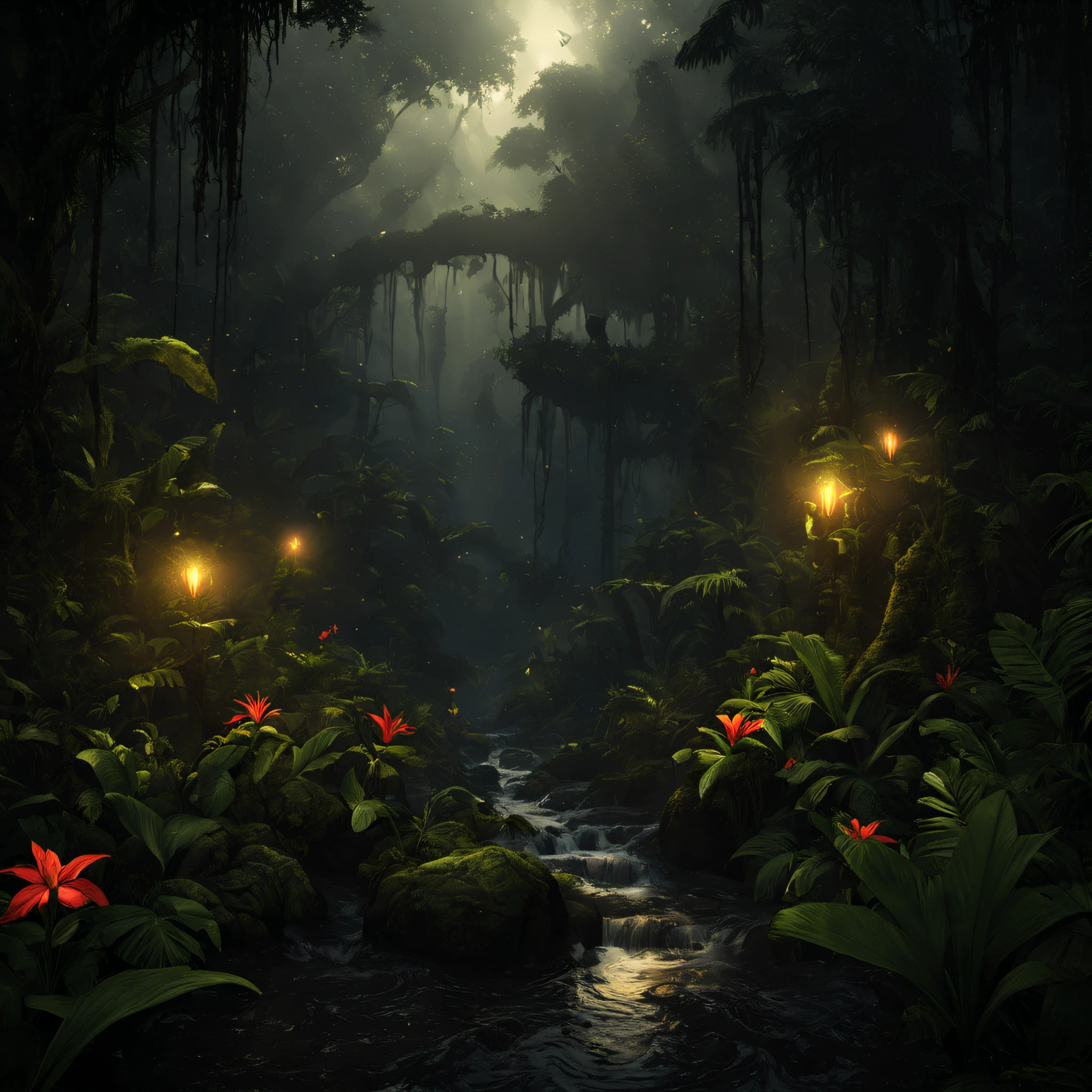 the rainforest，Small streams，(Masterpiece: 1.3), (8K, Photorealistic, RAW photo, Best quality: 1.4), Damp rainforest,forest,jungles，with intense rainfall，Mono Color，vines all around，giant and wet trees，(The jungle is dark and damp:1.8),There are swamps on the ground,There was an air of obstruction in the woods，Spooky poisonous bugs，Breathtaking forest scene，Tall trees stretch out to the sky，sunshines through the leaves，Cast a golden glow on the forest floor。Small streams run through mossy rocks，Creates a peaceful atmosphere。The delicate branches are dotted with vibrant flowers and leaves，Add a touch of color to the scene。Fireflies dancing in the air，A soft glow illuminates the surroundings。The air is filled with soft melodies，Butterflies flutter among the flowers。In the complex、This fascinating moment is captured in high-quality illustrations，And pay attention to the finest details and realistic shadows,((Lush verdant jungle / oases / desert island / Temple ruins)), Sensual, Evocative pose, Intricate, Highly detailed, By Anders Zorn, Sophie Anderson, Leah Kuvkhinov