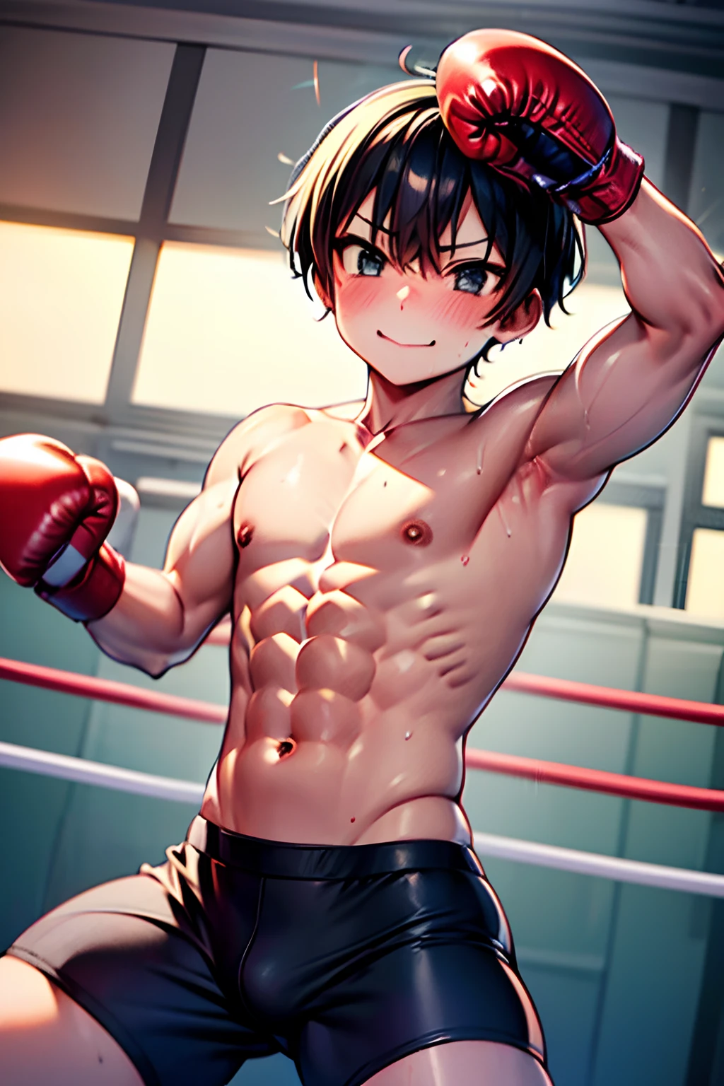 with abs, [ rigidly defined abs ]!!, [ adamantly defined abs ]!!，Boy wearing boxing gloves，Muscular!!，with no shirt on posing for a picture，fightingpose