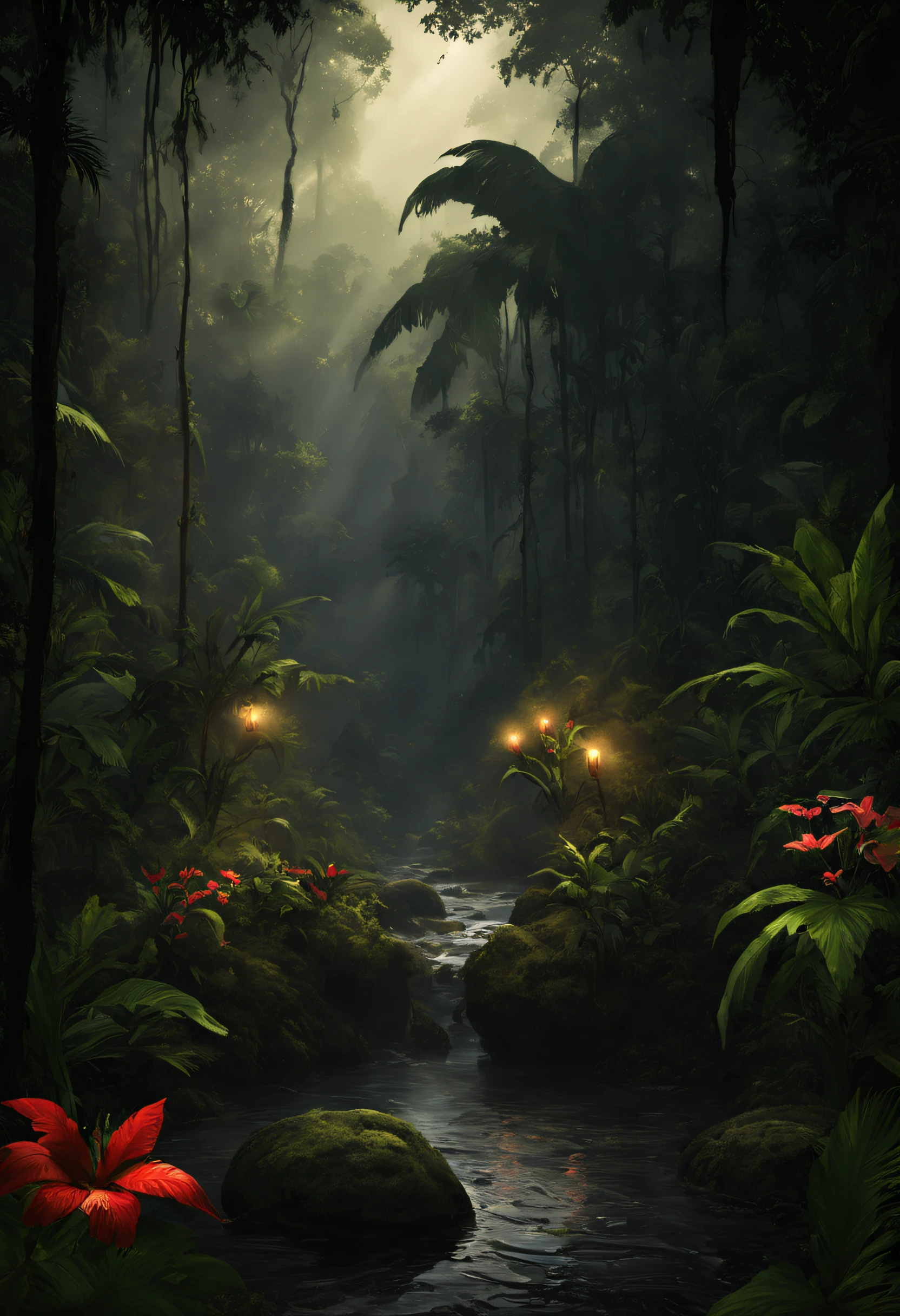 the rainforest，Small streams，(Masterpiece: 1.3), (8K, Photorealistic, RAW photo, Best quality: 1.4), Damp rainforest,forest,jungles，with intense rainfall，Mono Color，vines all around，giant and wet trees，(The jungle is dark and damp:1.8),There are swamps on the ground,There was an air of obstruction in the woods，Spooky poisonous bugs，Breathtaking forest scene，Tall trees stretch out to the sky，sunshines through the leaves，Cast a golden glow on the forest floor。Small streams run through mossy rocks，Creates a peaceful atmosphere。The delicate branches are dotted with vibrant flowers and leaves，Add a touch of color to the scene。Fireflies dancing in the air，A soft glow illuminates the surroundings。The air is filled with soft melodies，Butterflies flutter among the flowers。In the complex、This fascinating moment is captured in high-quality illustrations，And pay attention to the finest details and realistic shadows,((Lush verdant jungle / oases / desert island / Temple ruins)), Sensual, Evocative pose, Intricate, Highly detailed, By Anders Zorn, Sophie Anderson, Leah Kuvkhinov