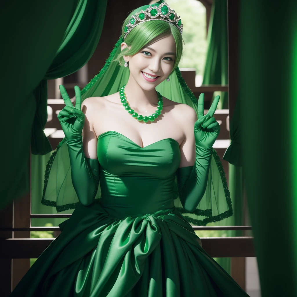 emerald tiara, Green Pearl Necklace, Boyish very short green hair, lipsticks, Japan woman smiling, very short short hair, big breasts beautiful, Green eyes, Long green gloves made of satin material, Green eyes, v sign, Double peace