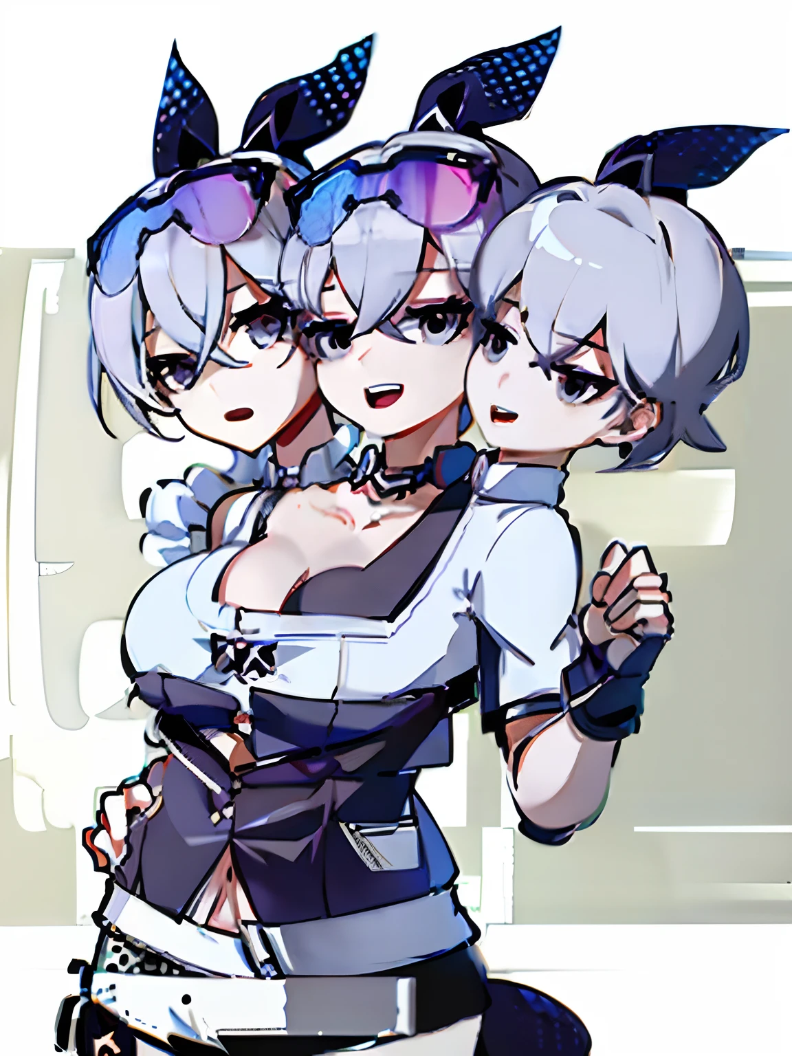 (3heads:1.5), ((double cleavage)), ((tribreasts)), ((masterpiece, best quality)), (1girl), (solo), (female focus), (ahoge, white hair, short hair), black eyes, light smile, open mouth, ((white shirt), (buttoned shirt), (button gap)), ((black skirt), (short skirt)), standing, white background, arms behind back, dynamic angle