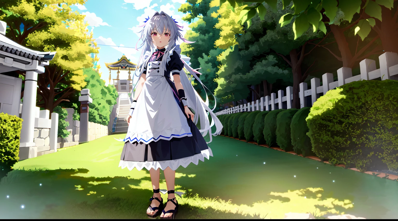 Cute very *********** from fate kaleid liner has long silvery-white hair,pink eyes,wearing maid uniform and very long skirt,beads on neck,athens temple street in background,very ***********,****,kawaii,anime style,Lumen Reflections,Screen Space Reflections,Diffraction Grading,Chromatic Aberration,GB Displacement,Scan Lines,Ray Traced,Anti-Aliasing,FXAA,TXAA,RTX,SSAO,Shaders,OpenGL-Shaders, GLSL-Shaders,Post Processing,Post-Production,cell Shading,Tone Mapping,CGI,VFX,SFX,insanely detailed and intricate,4K,((masterpiece:1.4, best quality))