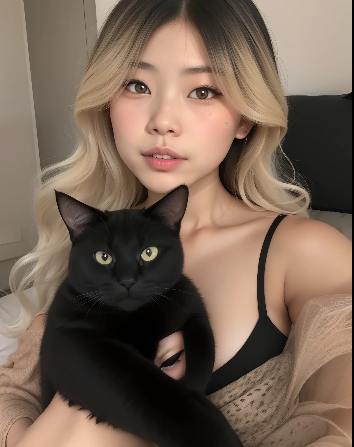 Araffe woman holding a black cat in her arms, Asian girl, gatinha jovem bonita, menina gato atraente, asian female, com gato pequeno no colo, muito bonita gatinha fofa, Beautiful Asian girl, Asian woman, Asian women, com preto, gatinha, gato preto tirando uma selfie, an Asian woman, segurando um gato, Asian face, gato preto