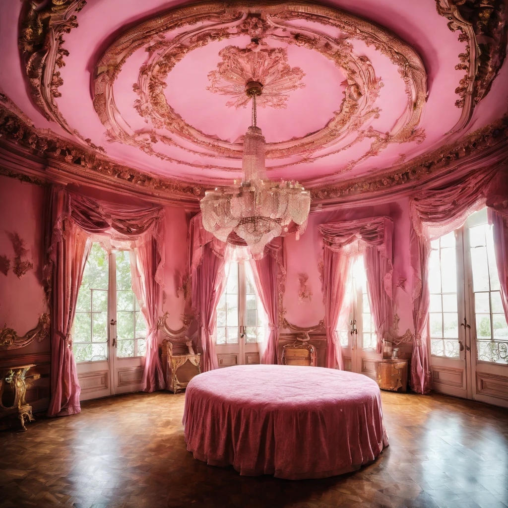 bright, day, French style, huge massive pink bedroom, curtains, ceiling, chandelier, window, worm's-eye view, from below, (very low angle), ((wide shot)), panorama,