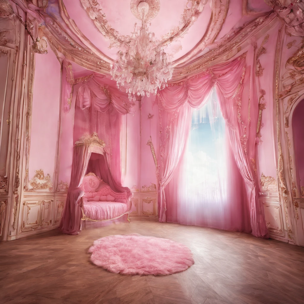bright, day, French style, huge massive pink bedroom, curtains, ceiling, chandelier, window, worm's-eye view, from below, (very low angle), ((wide shot)), panorama,