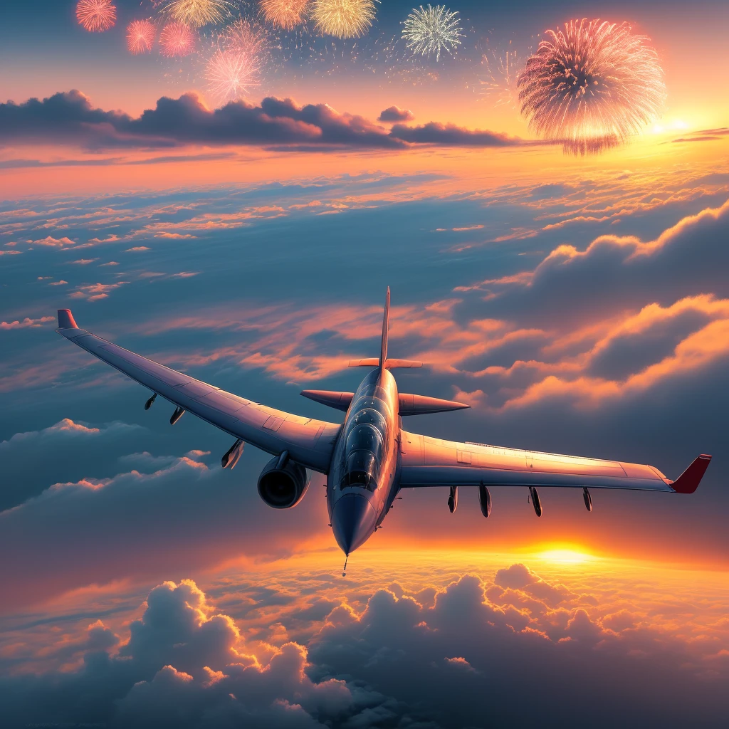 The plane flew over the clouds at sunset,The sky was filled with fireworks