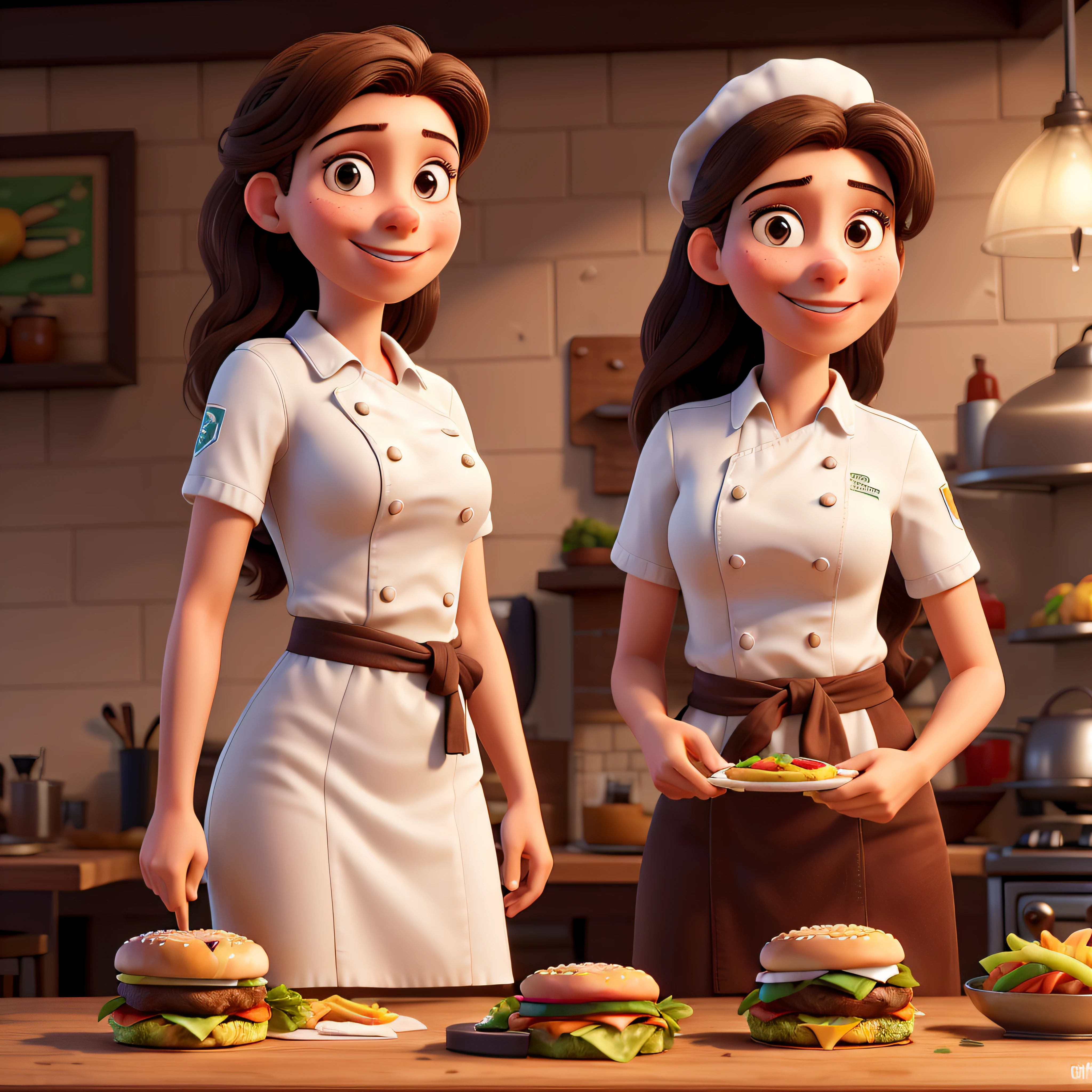 Masterpiece, best quality, Posing for photos as a chef eating a Burger: Aurora Arruda, a young and successful Brazilian. She is a young woman, around 28 years old, with white skin, straight, long, brown hair that reaches her waist. In each portrait, Aurora will be enjoying a delicious burger. She's dressed like a chef
