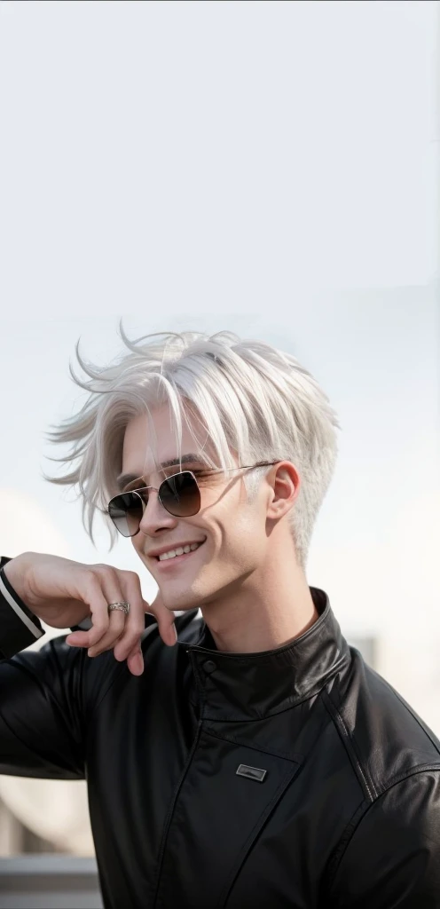 guy with white hair and black rounded sunglasses, smiling, a white haired mad, white haired, portrait, white-haired, white haired