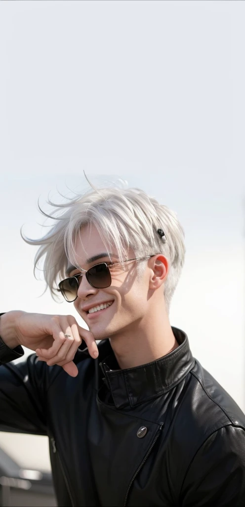 guy with white hair and black rounded sunglasses, smiling, a white haired mad, white haired, portrait, white-haired, white haired