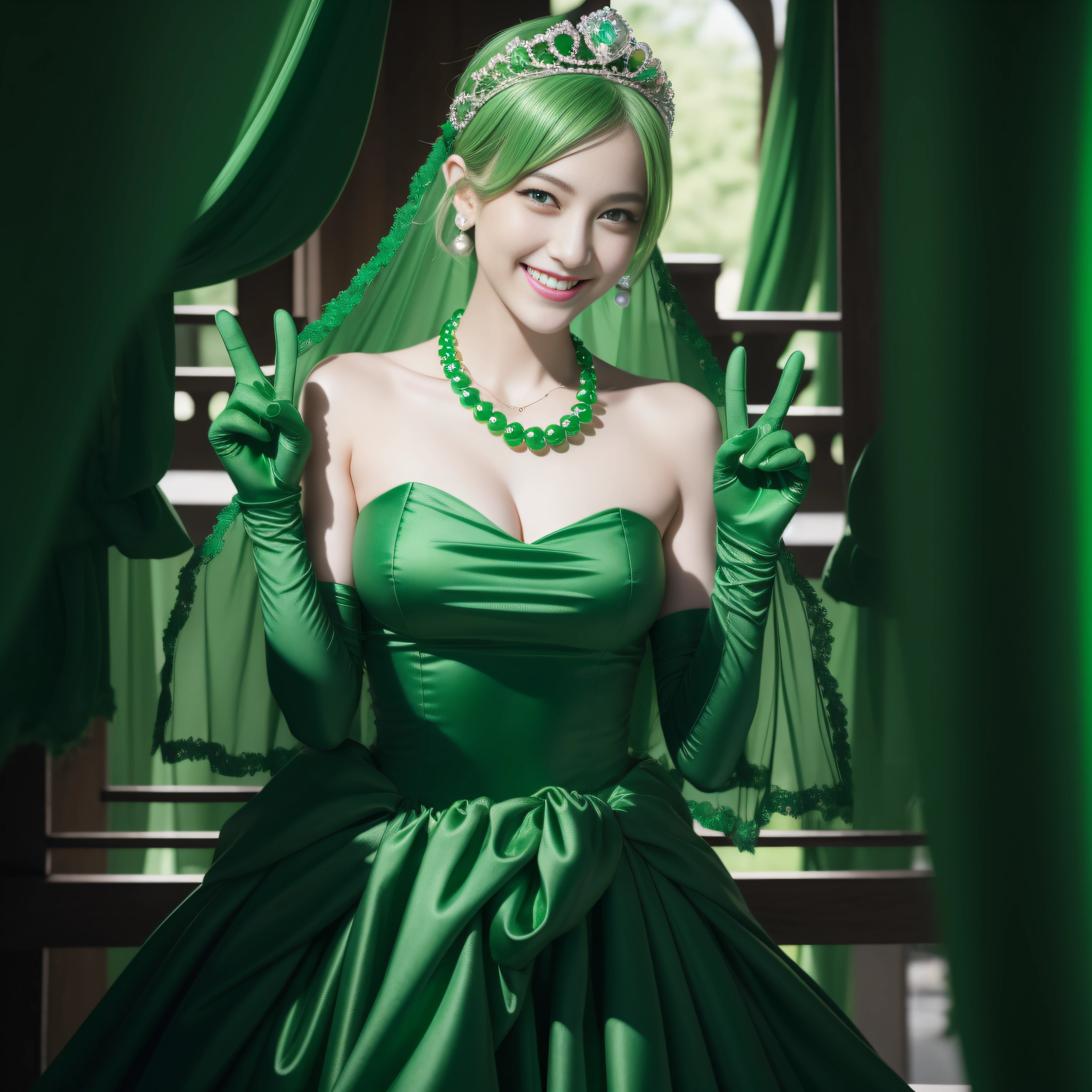 emerald tiara, Green Pearl Necklace, Boyish very short green hair, lipsticks, Japan woman smiling, very short short hair, big breasts beautiful, Green eyes, Long green gloves made of satin material, Green eyes, Emerald Earrings, green vale, v sign