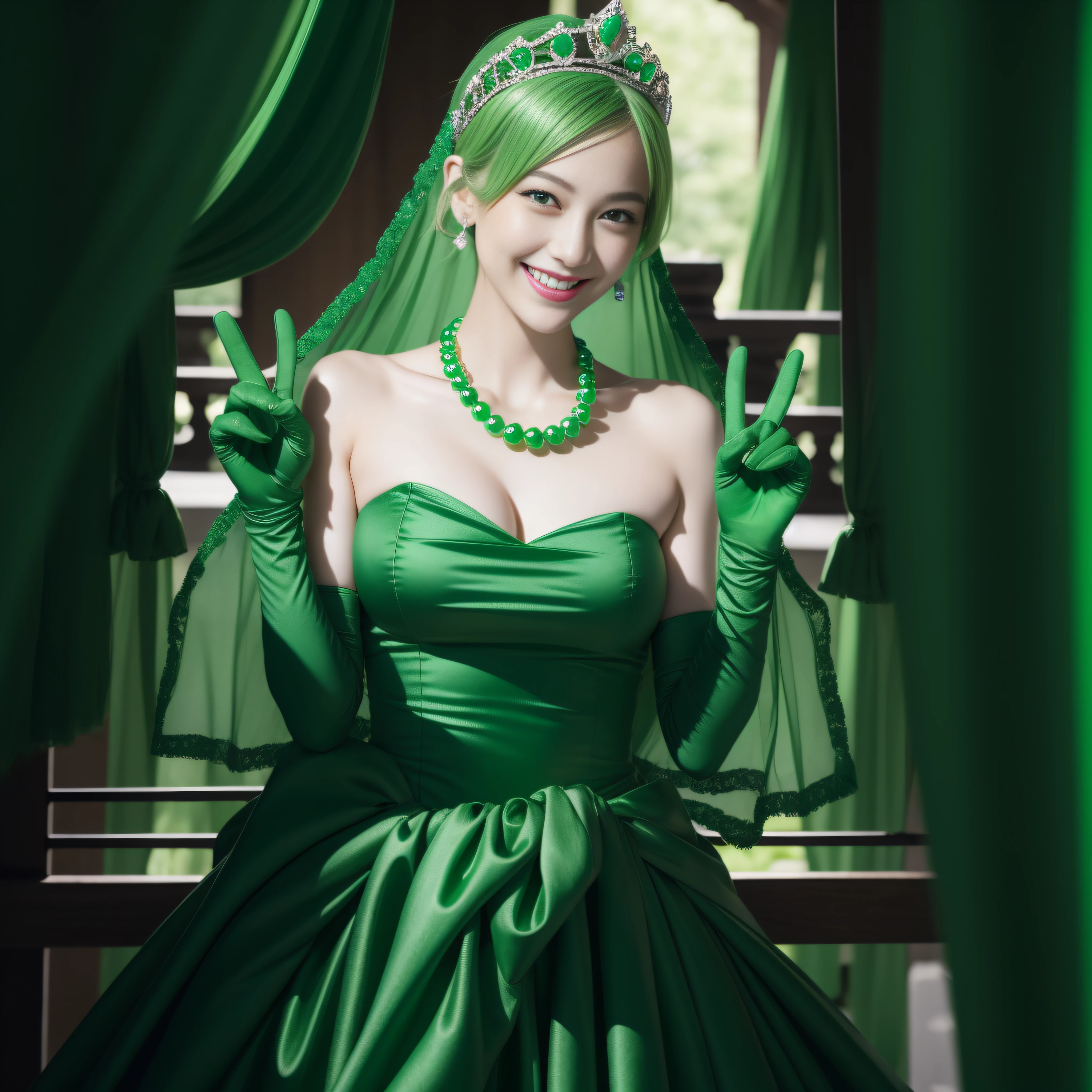 emerald tiara, Green Pearl Necklace, Boyish very short green hair, lipsticks, Japan woman smiling, very short short hair, big breasts beautiful, Green eyes, Long green gloves made of satin material, Green eyes, v sign, double peace