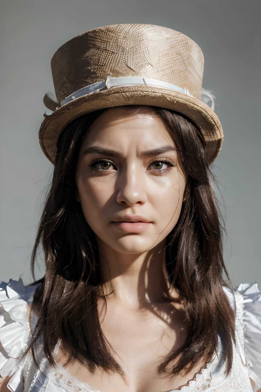 "(((hyper realistic face)))(((extreme realistic skin detail))) (face with detailed shadows) (masterpiece, highest quality), (realistic, photo_realistic:1.9), ((Photoshoot))), A lion's face with a top hat, the hat adorned with feathers and a compass, white background, close-up shot, Fujifilm GFX 100S, matte effect film, fisheye lens, backlit," sharp focus, 8k, UHD, high quality, frowning, intricate detailed, highly detailed, hyper-realistic