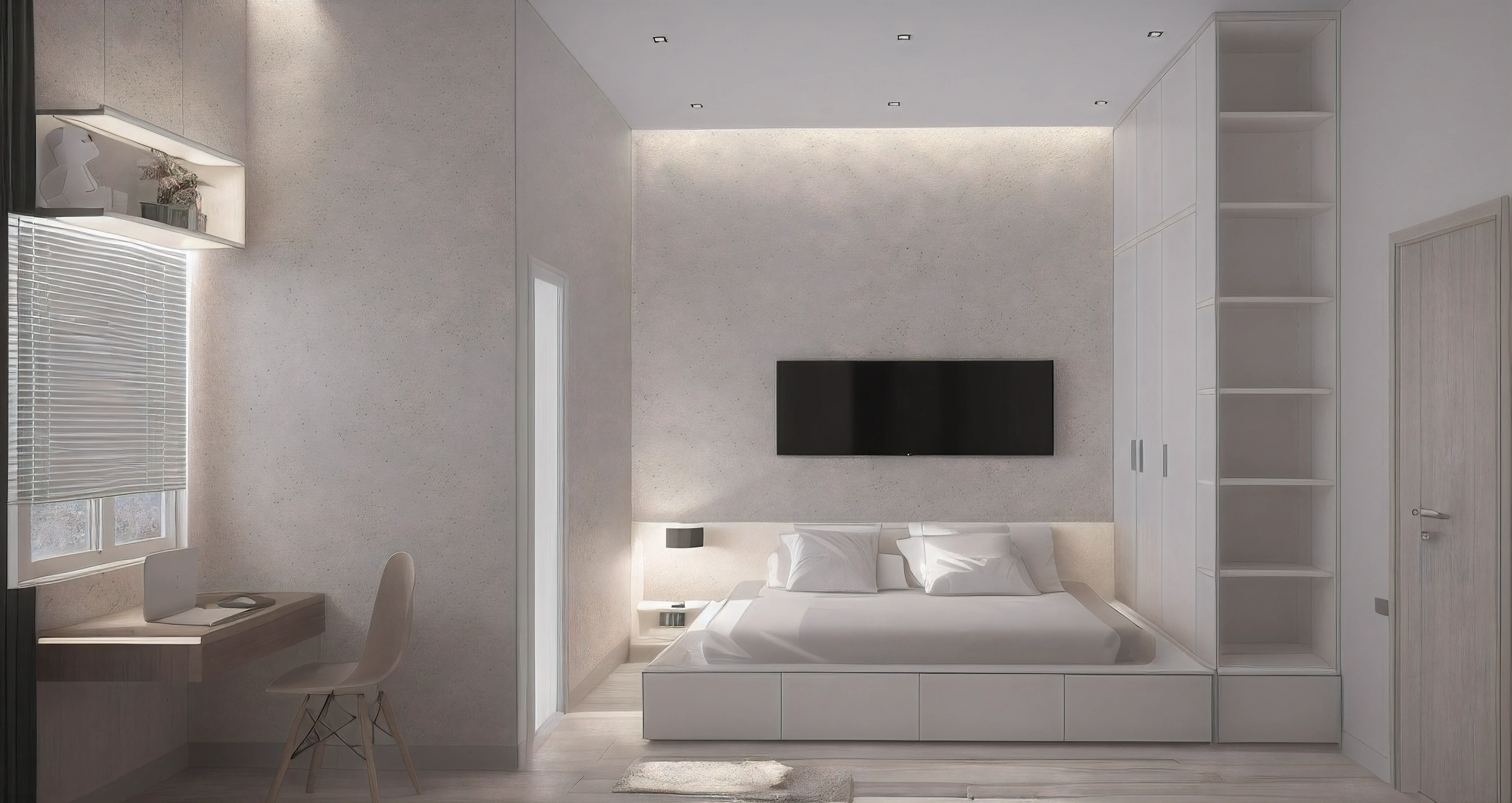 ((Best quality, 16k uhd, Masterpiece :1.3)), Sharp focus :1.2, (photo realisstic: 1.2), (hyperdetails: 1.2), nightday, bedroom, white wall , dynamic (RAW photo, best quality, masterpiece:1.2), detailed, (hyper realistic, photo-realistic:1.2), high quality, (dark lighting:1.2), perfect lighting, floor wood dark, window, 1 chair and table, macbook, cabinet, wardrobe combined with bed, lamp,white color wall, curtain wood white, picture on the wall between, toilet, 3d max render