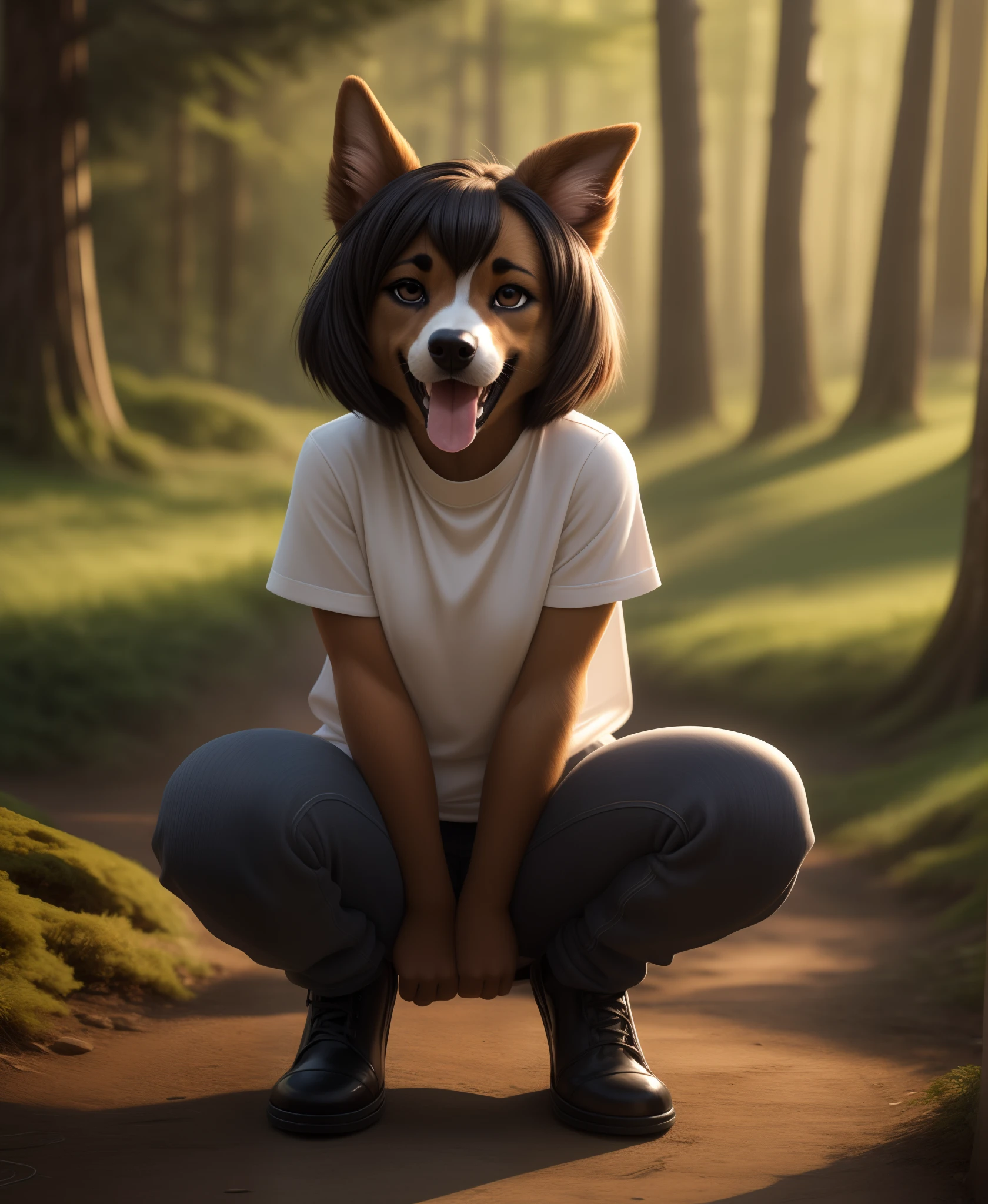 humanoid face, cute female anthro dog, (detailed silky dog fur:1.2), (dog fur), dog ears and nose, BREAK, solo, looking at viewer, outdoors, forest, early morning, blurry background, blurry foreground, BREAK, 1girl, charcoal colored hair, stacked bob hair, detailed humanoid glossy brown eyes, glitter eyeshadow, rounded eyebrows, cute ,, aesthetic, excessive laughter, eyes squinted, mouth wide, head thrown back, body shaking, full body, squatting, hands on hips, spread legs, BREAK, detail, lifelike textures, smooth textures, matte textures, glossy textures, edgQuality,