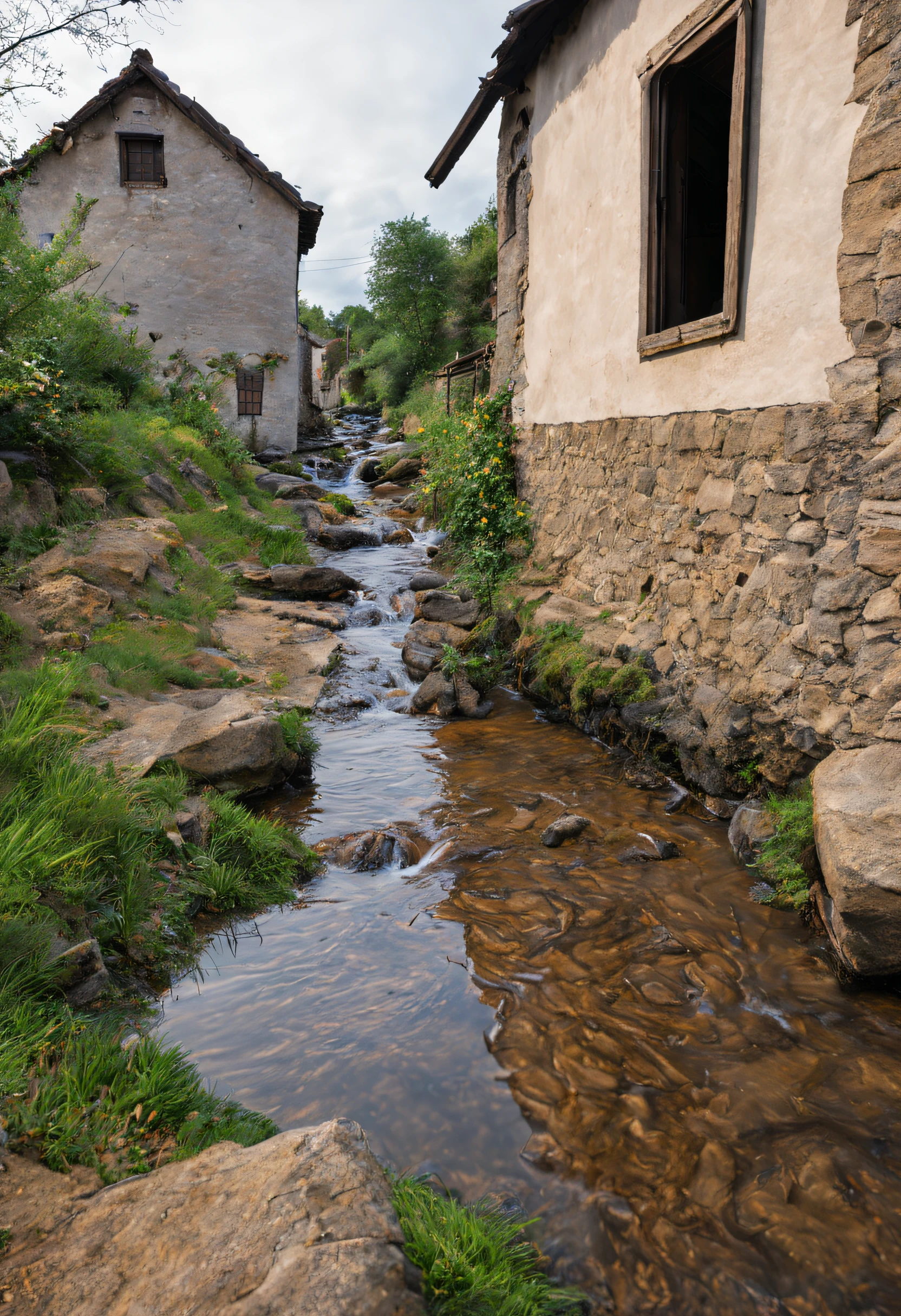 A small stream flows through the old village